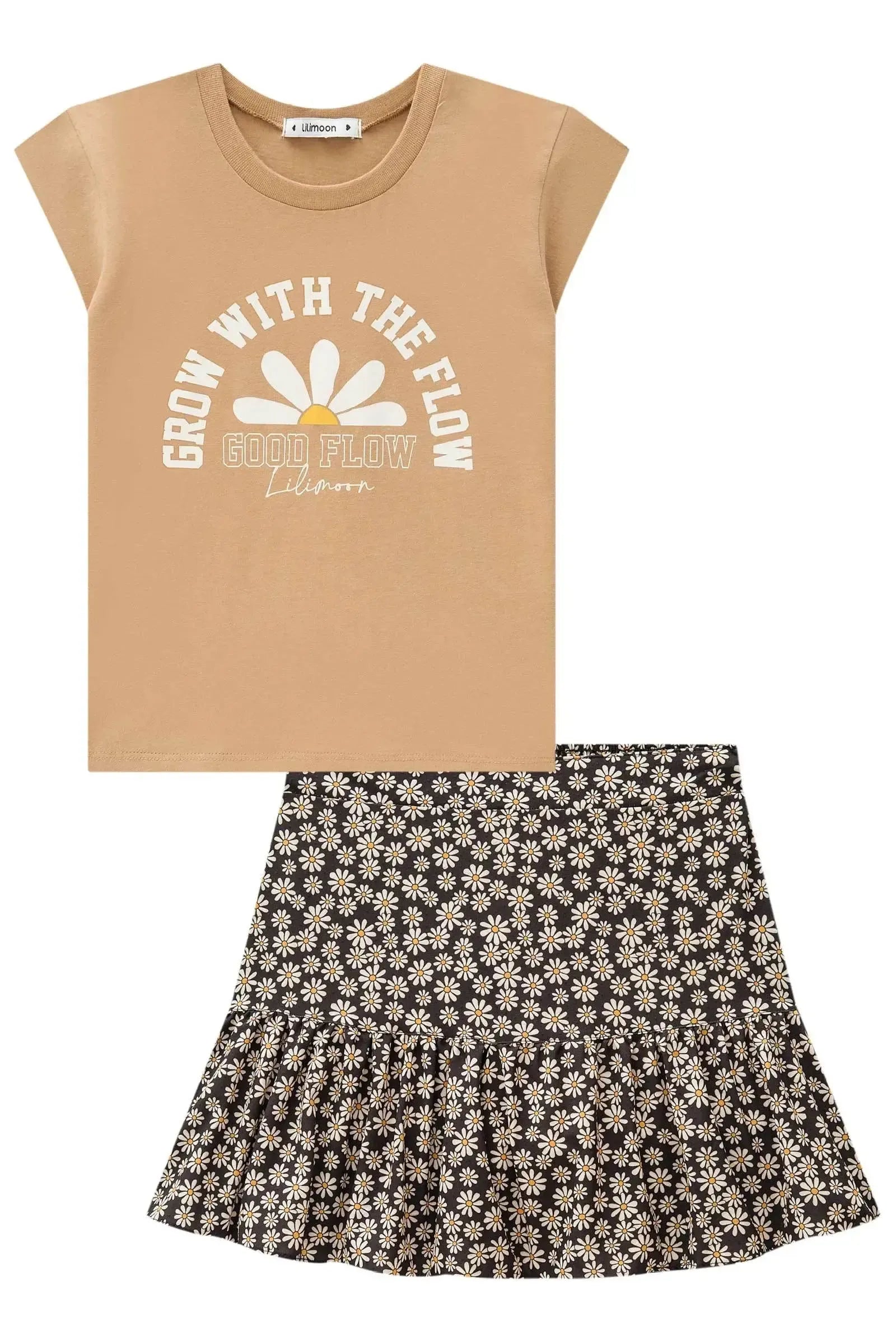 Conjunto de Blusa em Cotton e Saia em Tecido Light Peach com Shorts Embutido 84755 Lilimoon Teen Menina