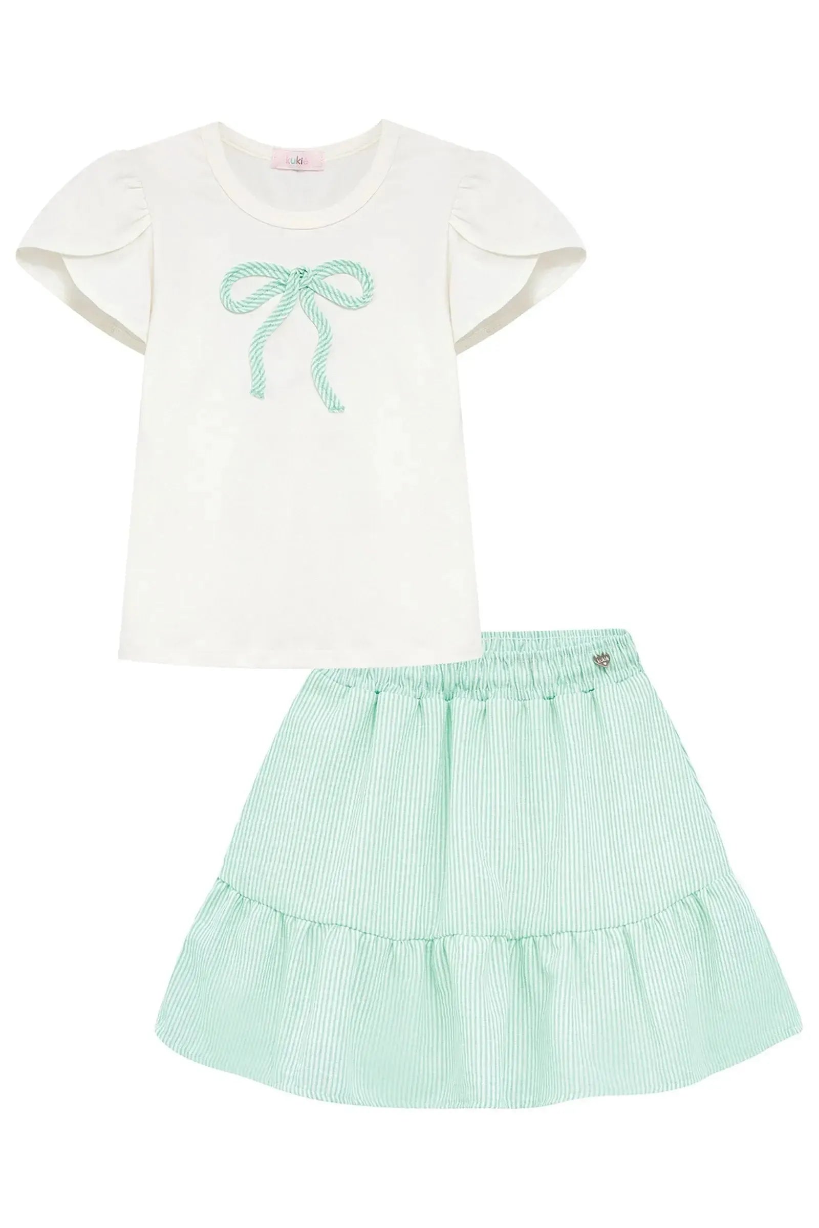 Conjunto de Blusa em Cotton e Saia em Tricoline Listrado 96431 Kukiê Infantil Menina