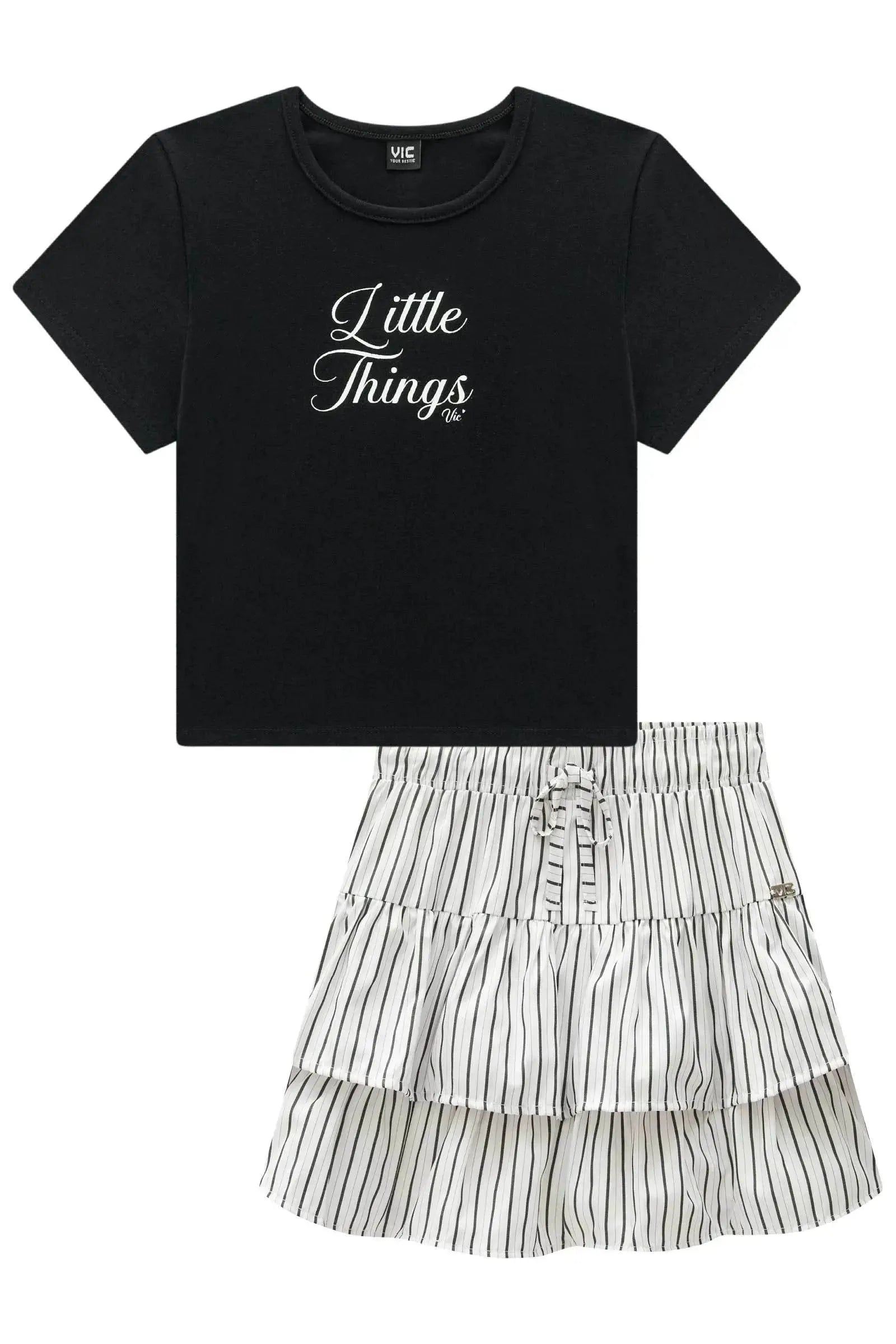 Conjunto de Blusa em Cotton e Saia em Tricoline Listrado com Shorts Embutido 98512 Vic Teen Menina