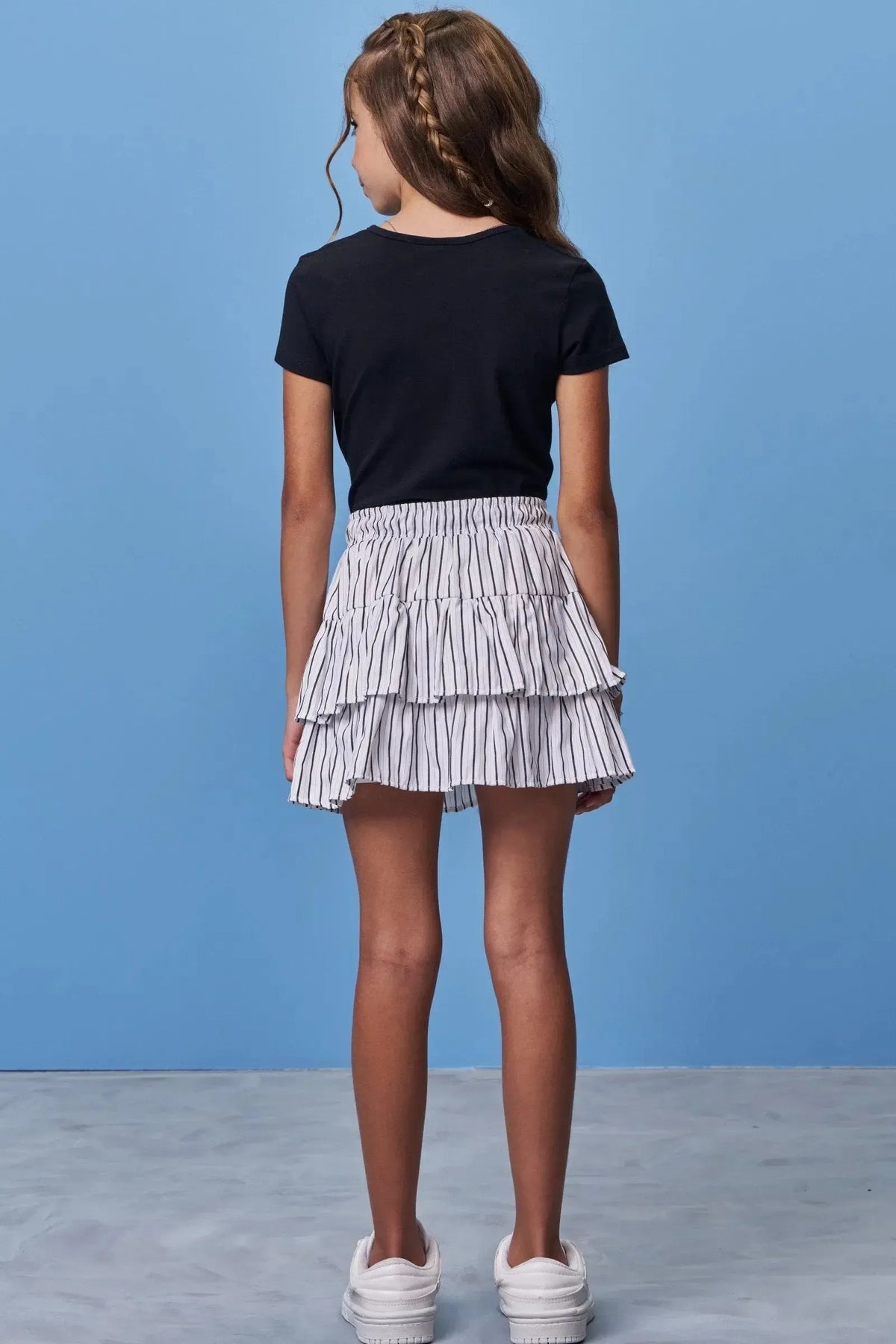 Conjunto de Blusa em Cotton e Saia em Tricoline Listrado com Shorts Embutido 98512 Vic Teen Menina