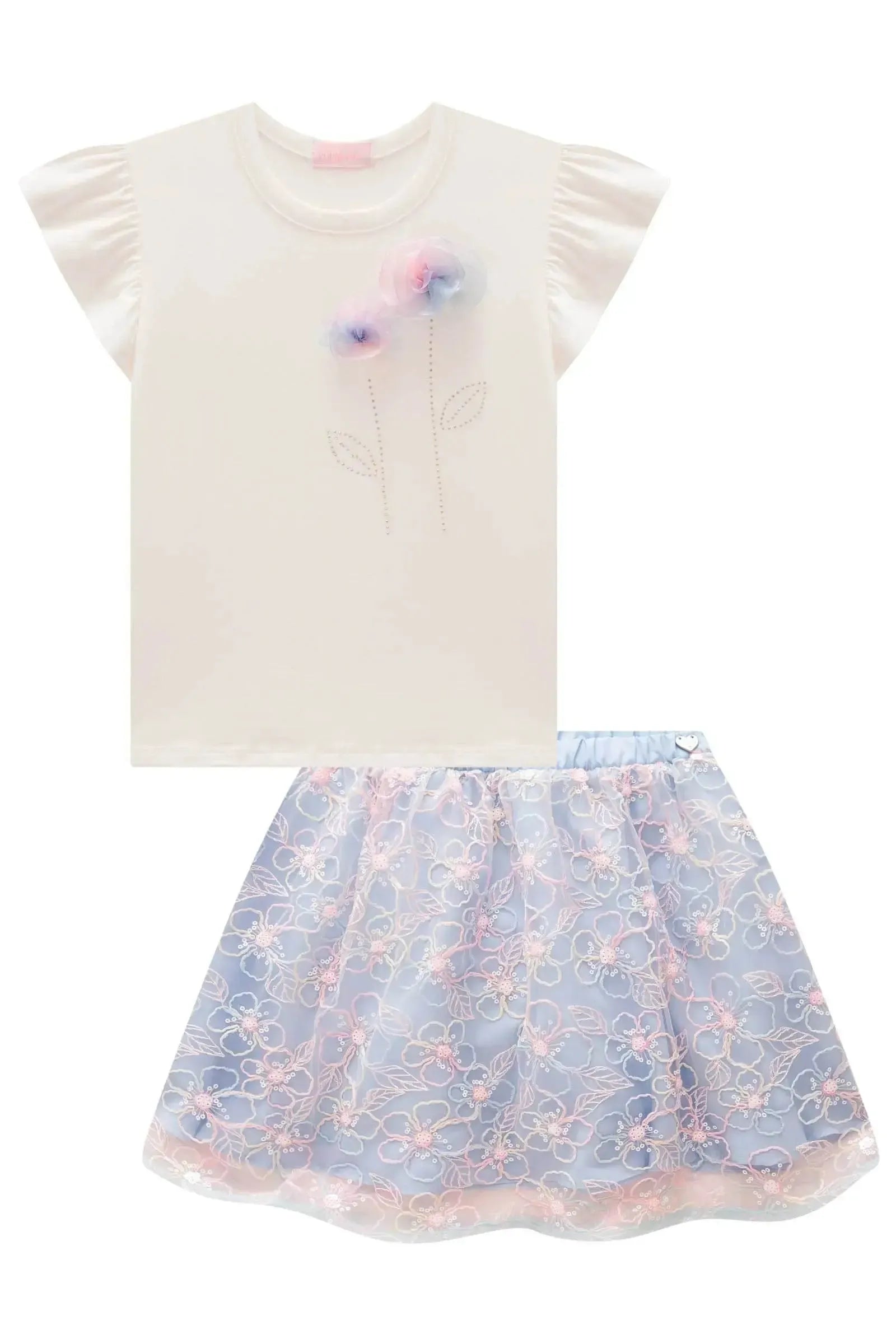 Conjunto de Blusa em Cotton e Saia em Tule Bordado (com Shorts Embutido) 98712 Kukiê Infantil Menina