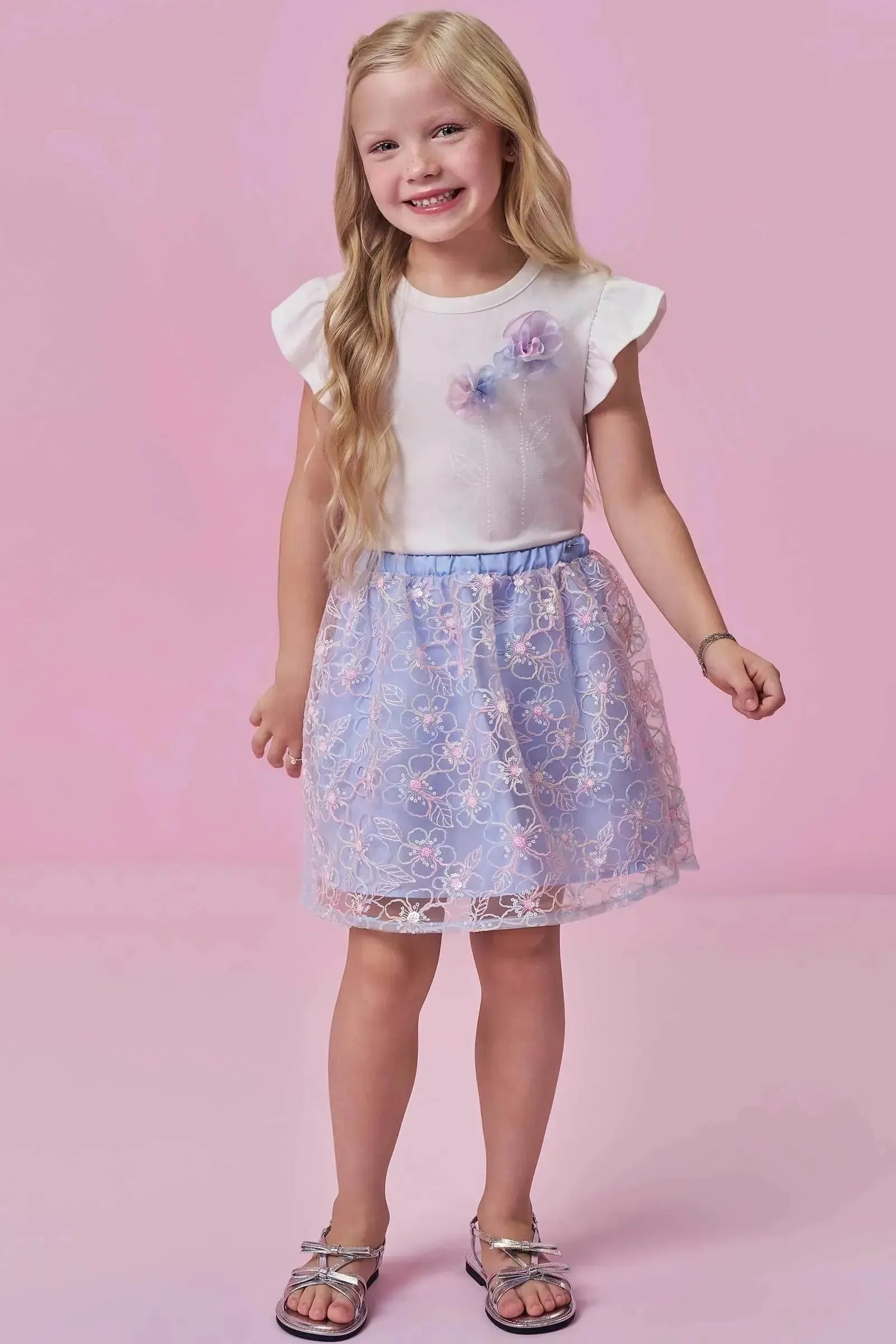 Conjunto de Blusa em Cotton e Saia em Tule Bordado (com Shorts Embutido) 98712 Kukiê Infantil Menina