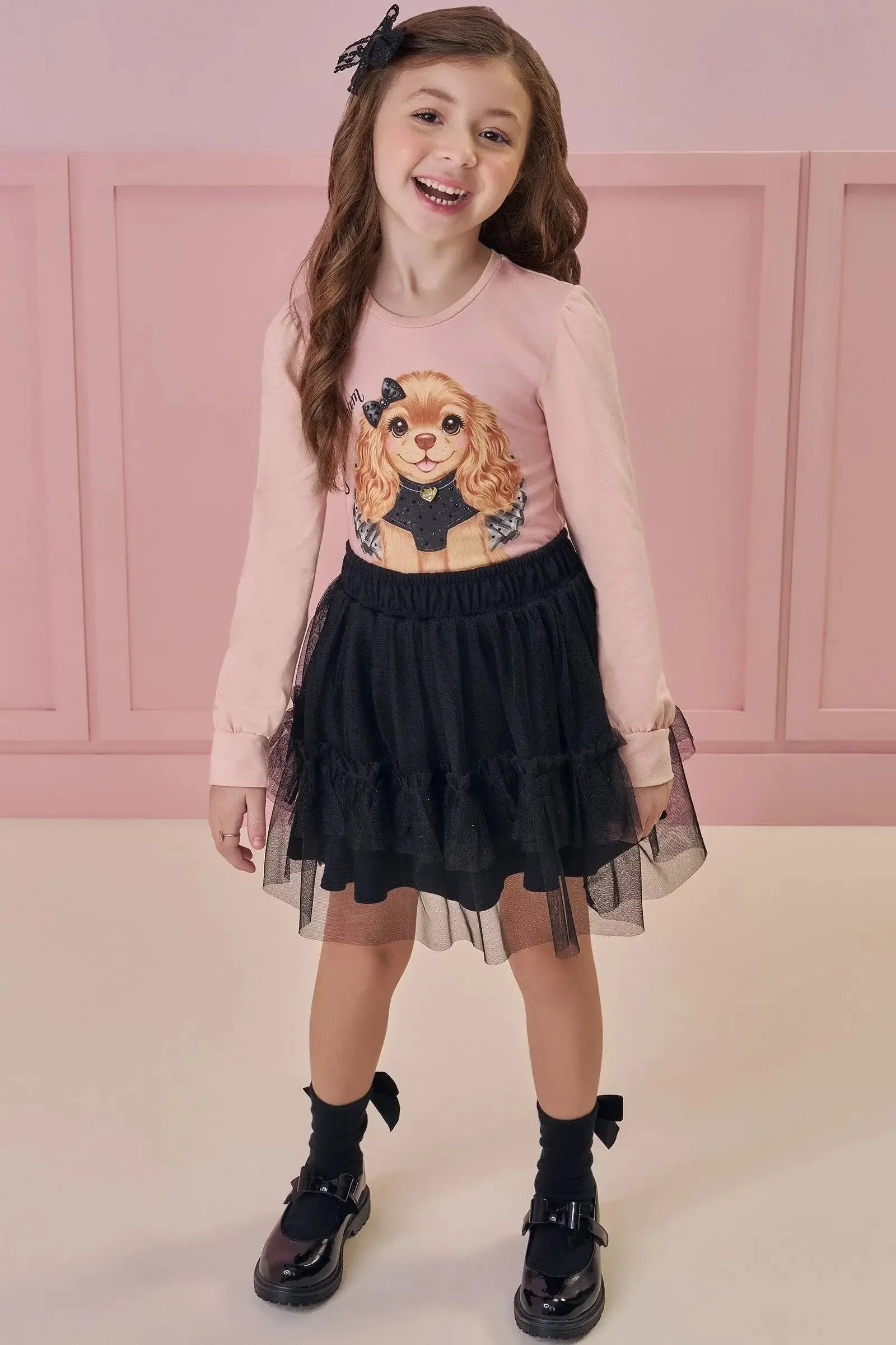 Conjunto de Blusa em Cotton e Saia em Tule com Elastano (com Shorts Embutido) 91832 Kukiê Infantil Menina