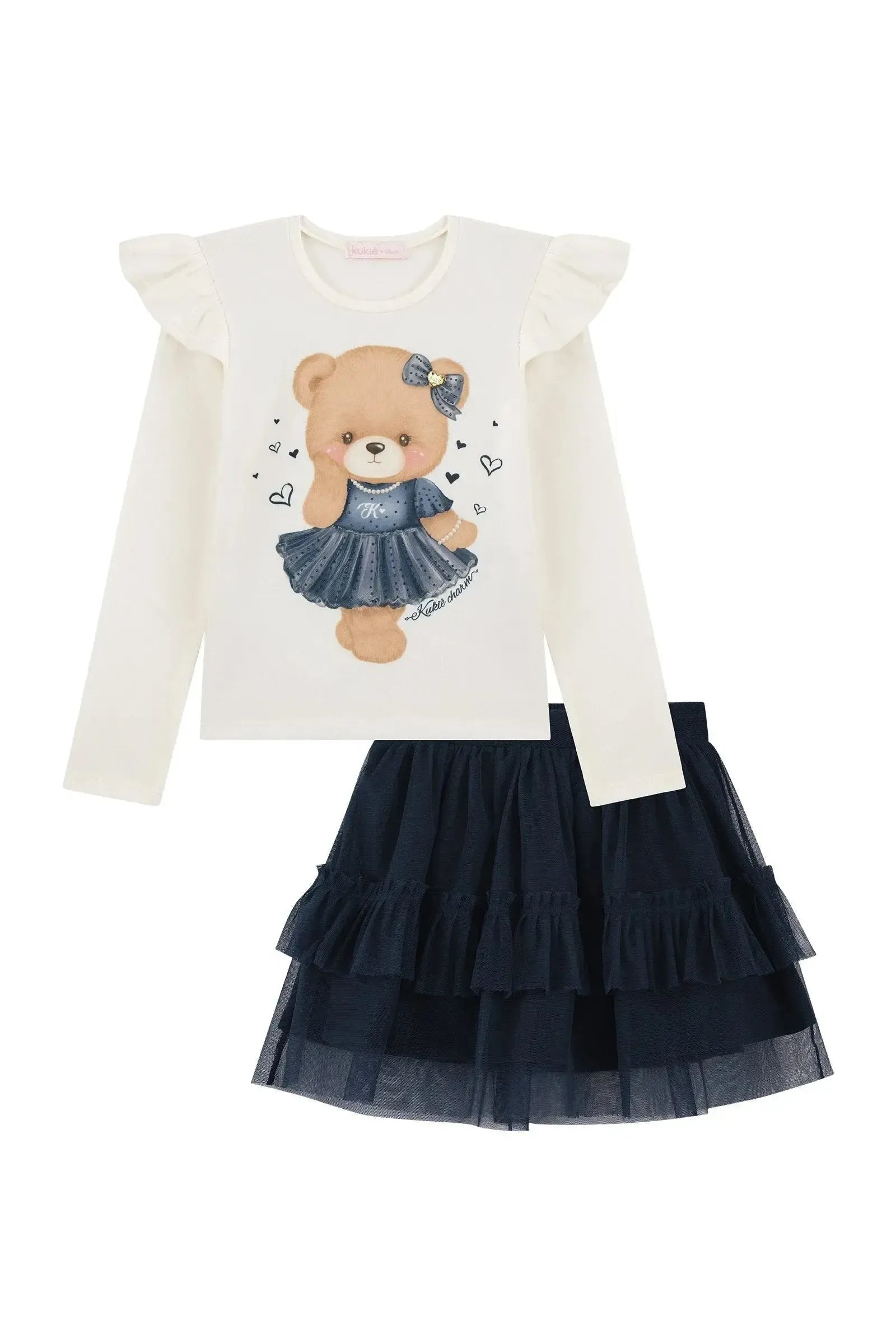 Conjunto de Blusa em Cotton e Saia em Tule com Elastano (com Shorts Embutido) 91858 Kukiê Infantil Menina