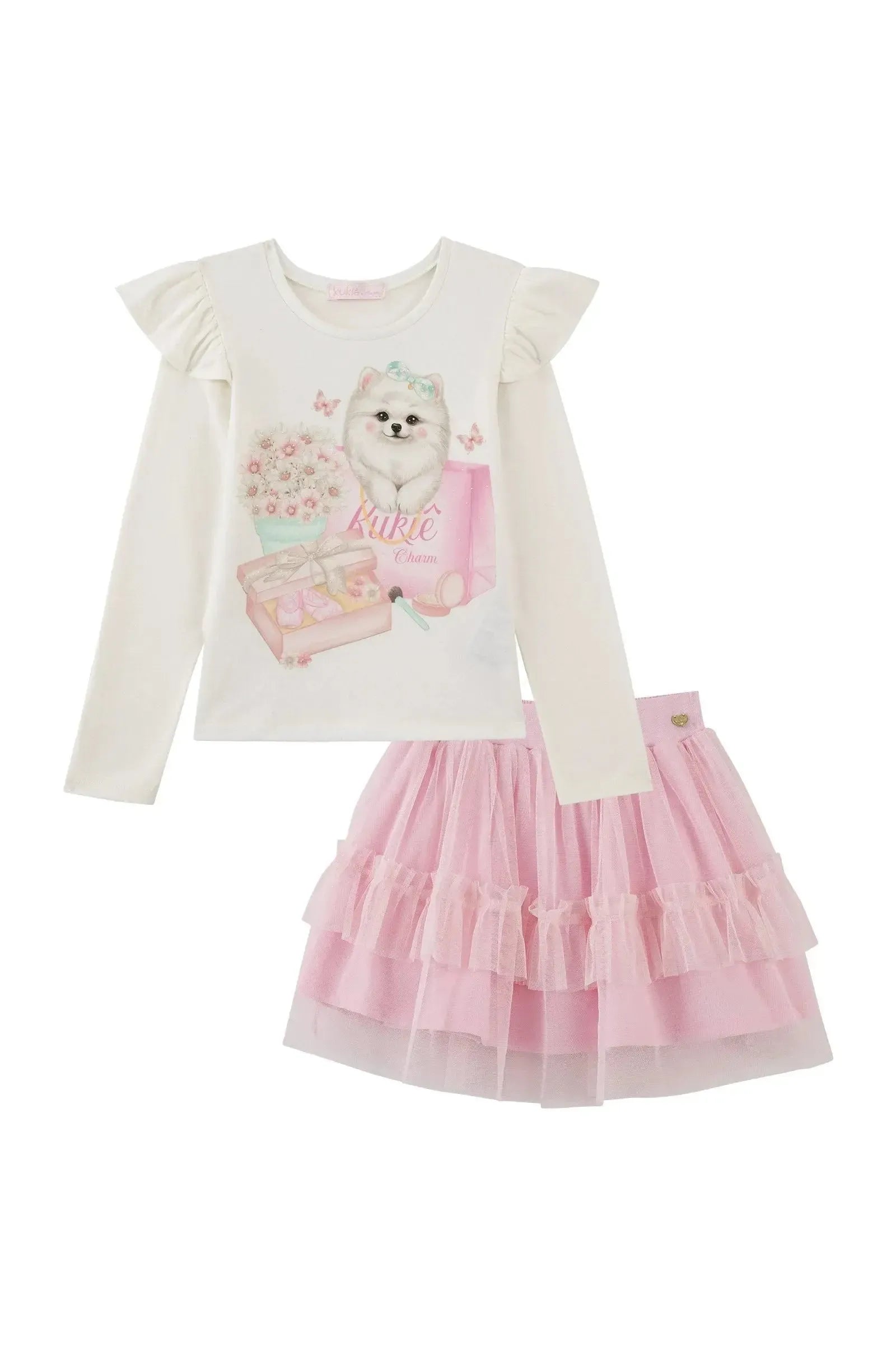 Conjunto de Blusa em Cotton e Saia em Tule com Elastano (com Shorts Embutido) 91863 Kukiê Infantil Menina