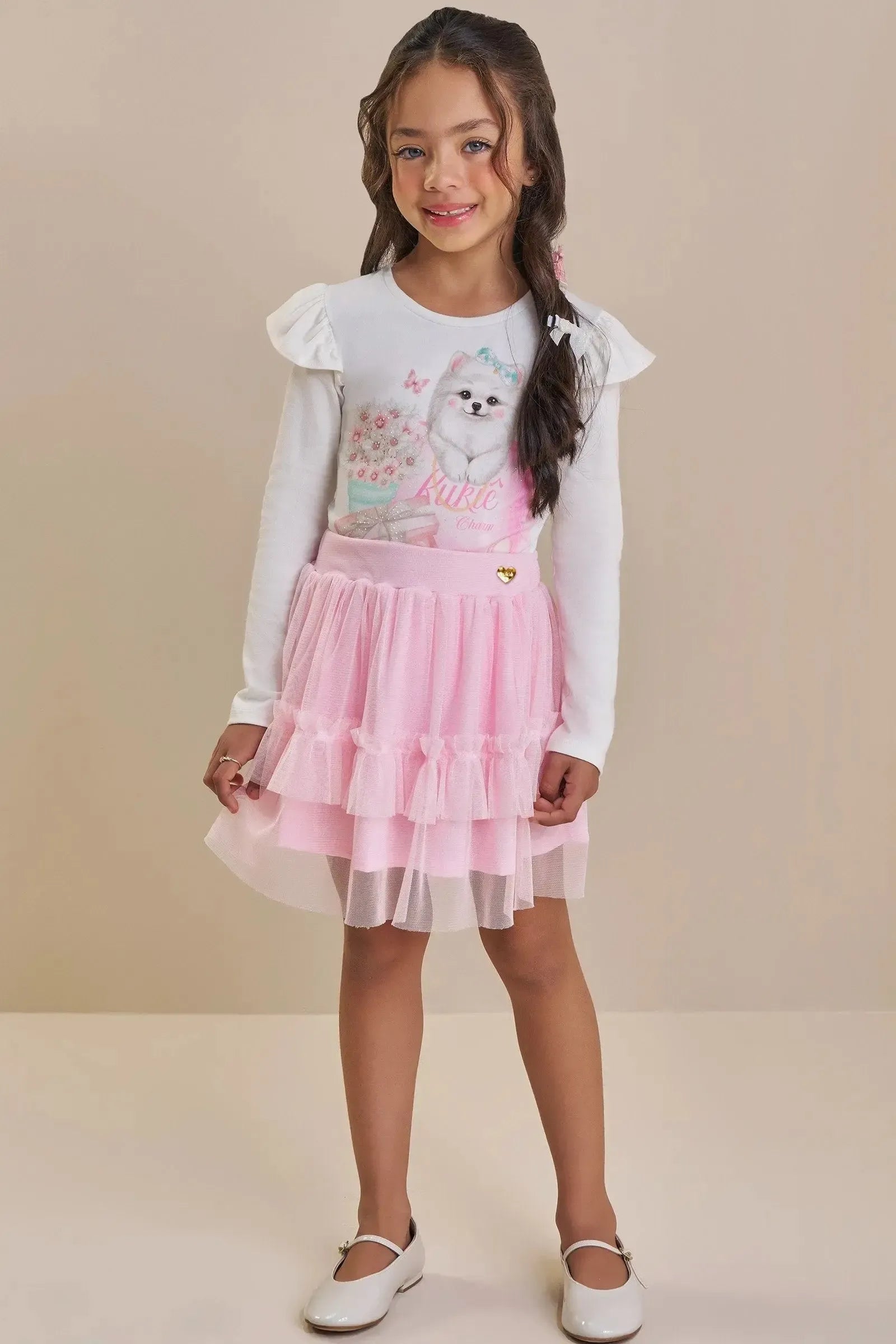 Conjunto de Blusa em Cotton e Saia em Tule com Elastano (com Shorts Embutido) 91863 Kukiê Infantil Menina