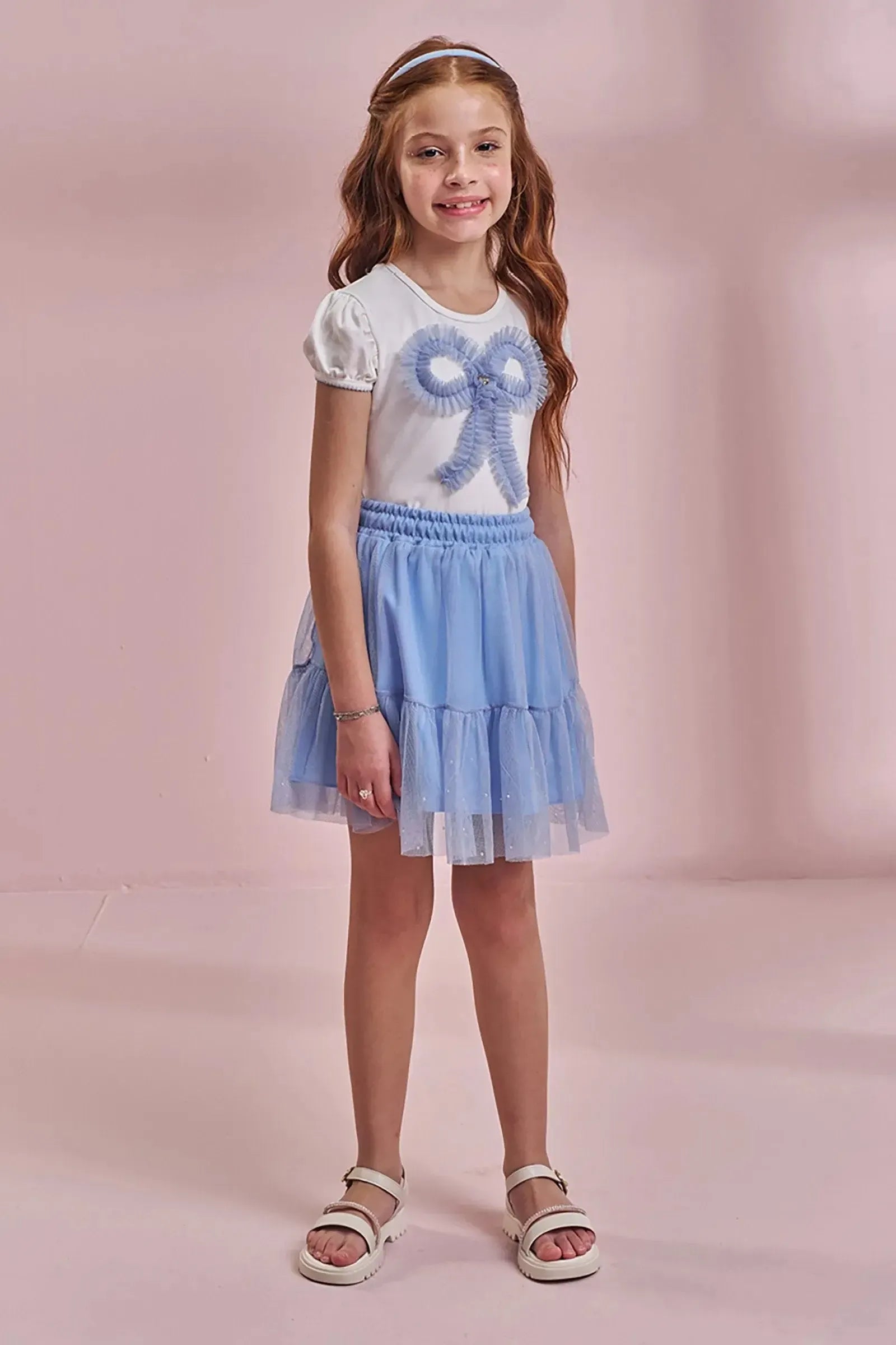 Conjunto de Blusa em Cotton e Saia em Tule com Elastano (com Shorts Embutido) 96787 Kukiê Infantil Menina