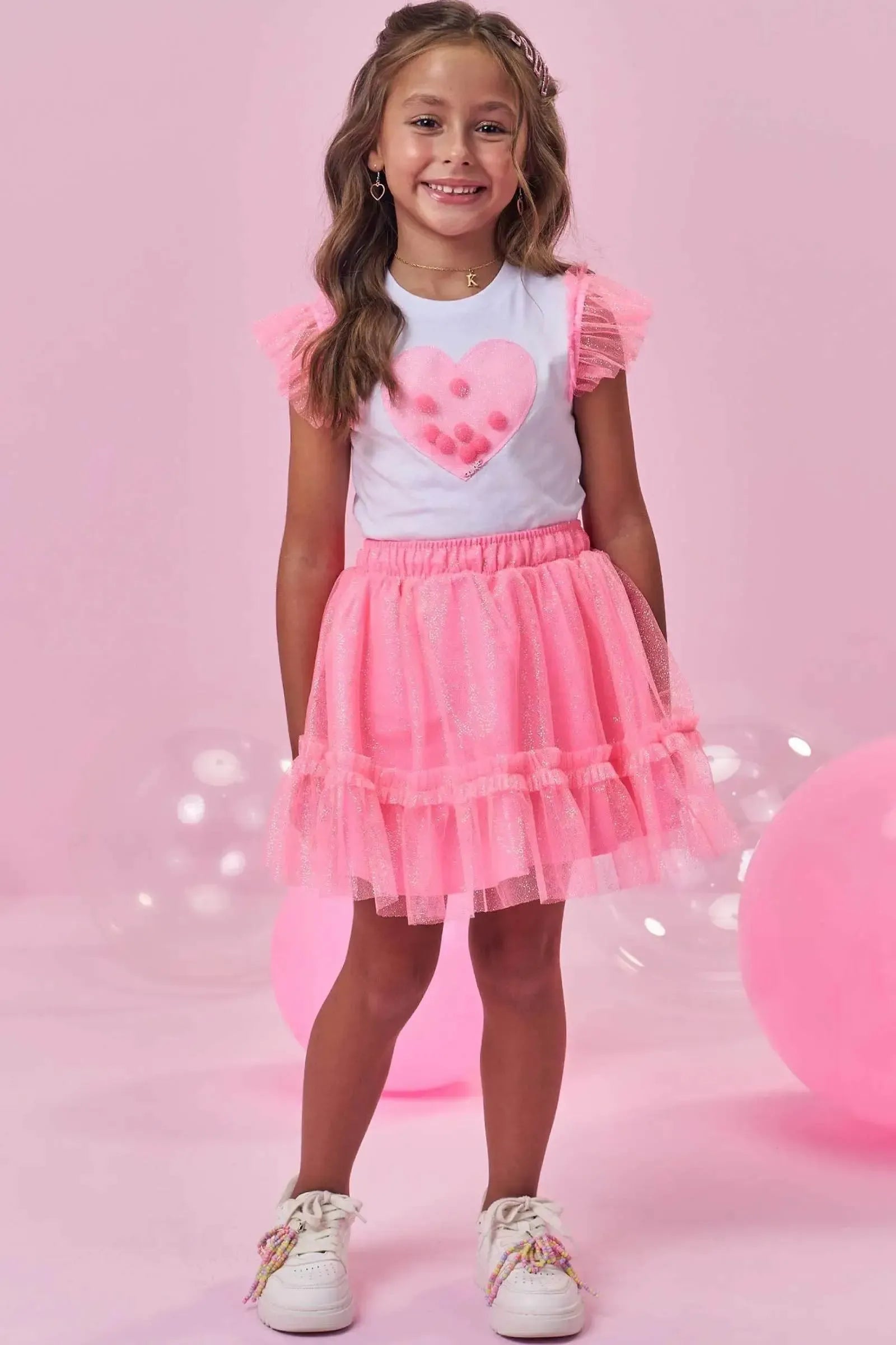 Conjunto de Blusa em Cotton e Saia em Tule (com Shorts Embutido) 99419 Kukiê Infantil Menina