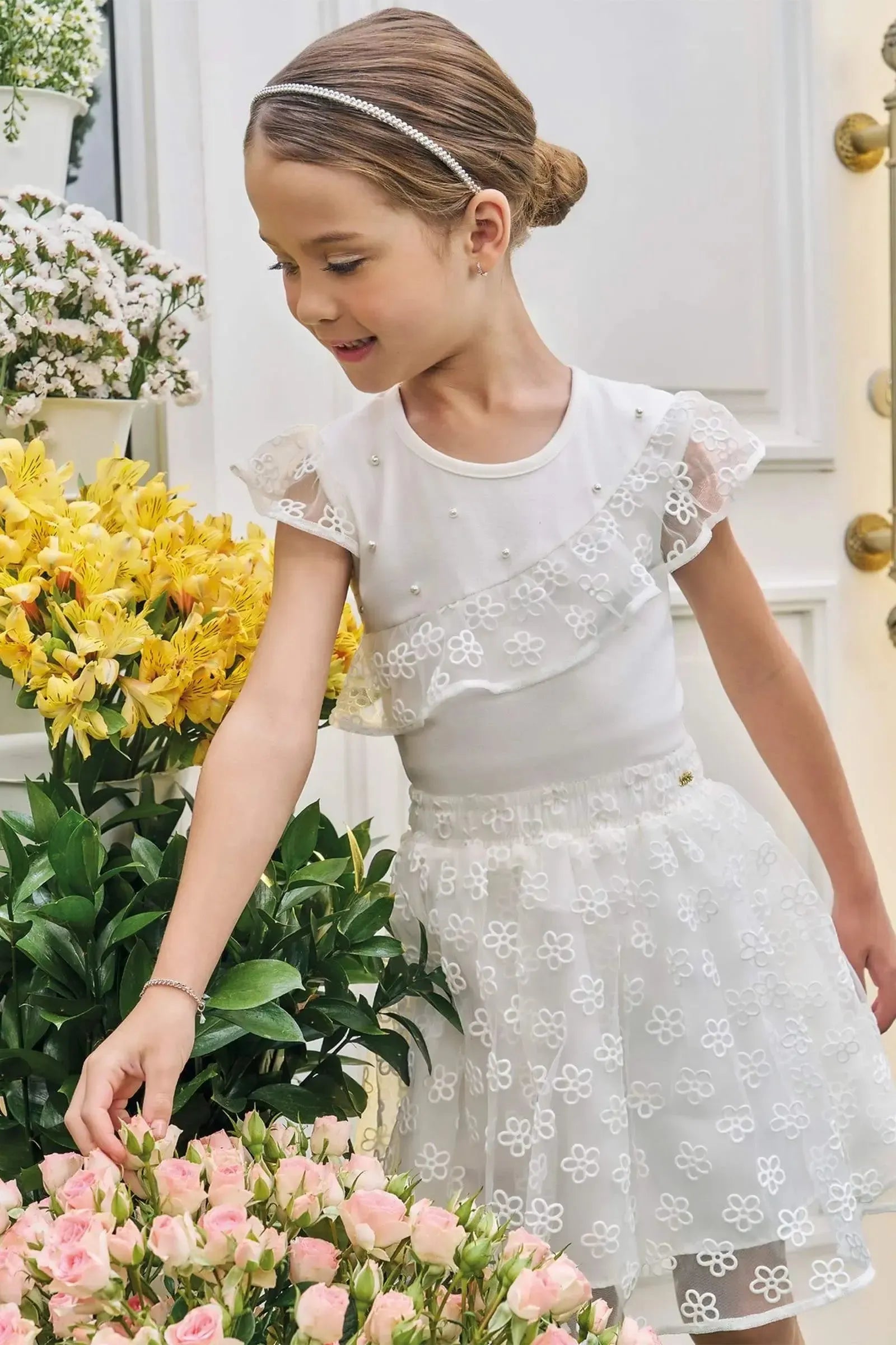 Conjunto de Blusa em Cotton e Saia em Tule Flocado (com Shorts Embutido) 83198 Kukiê Infantil Menina