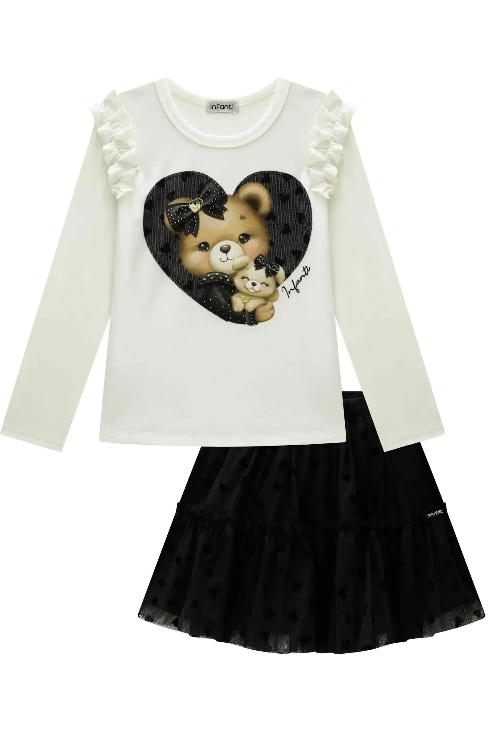 Conjunto de Blusa em Cotton e Saia em Tule Flocking Coração. Com Shorts Embutido 92371 Infanti Infantil Menina