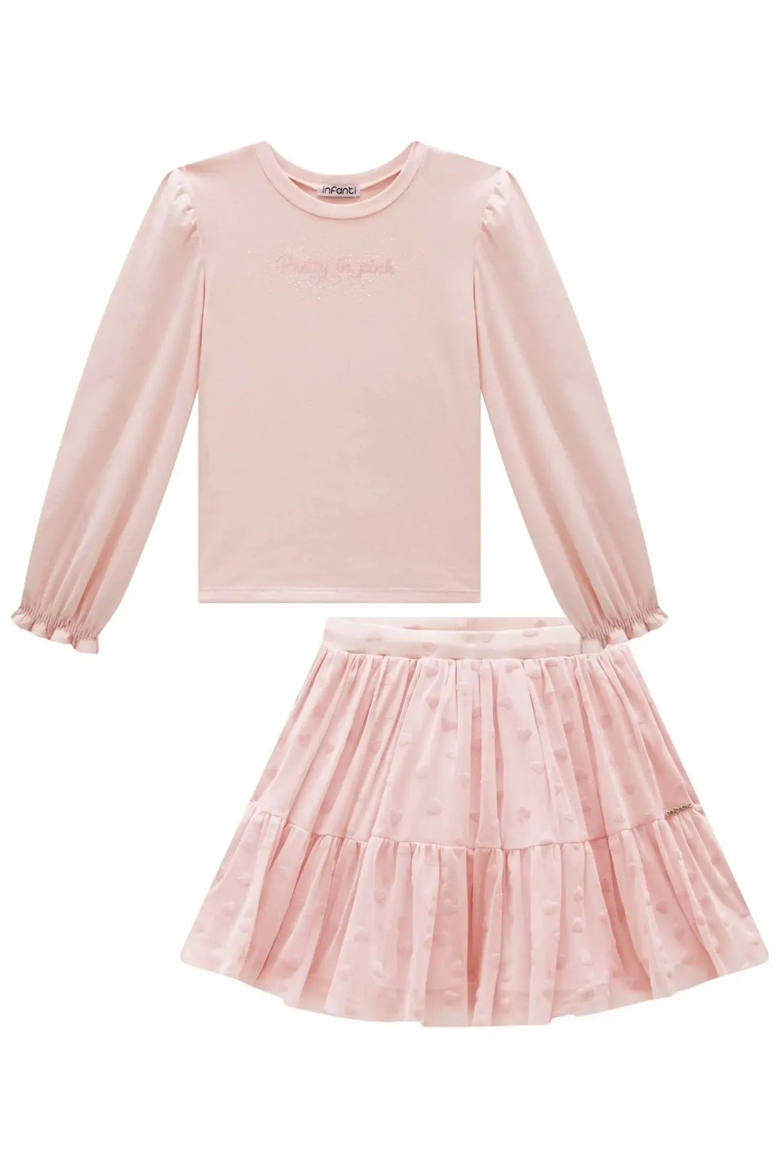 Conjunto de Blusa em Cotton e Saia em Tule Flocking Coração. Com Shorts Embutido 92373 Infanti Infantil Menina