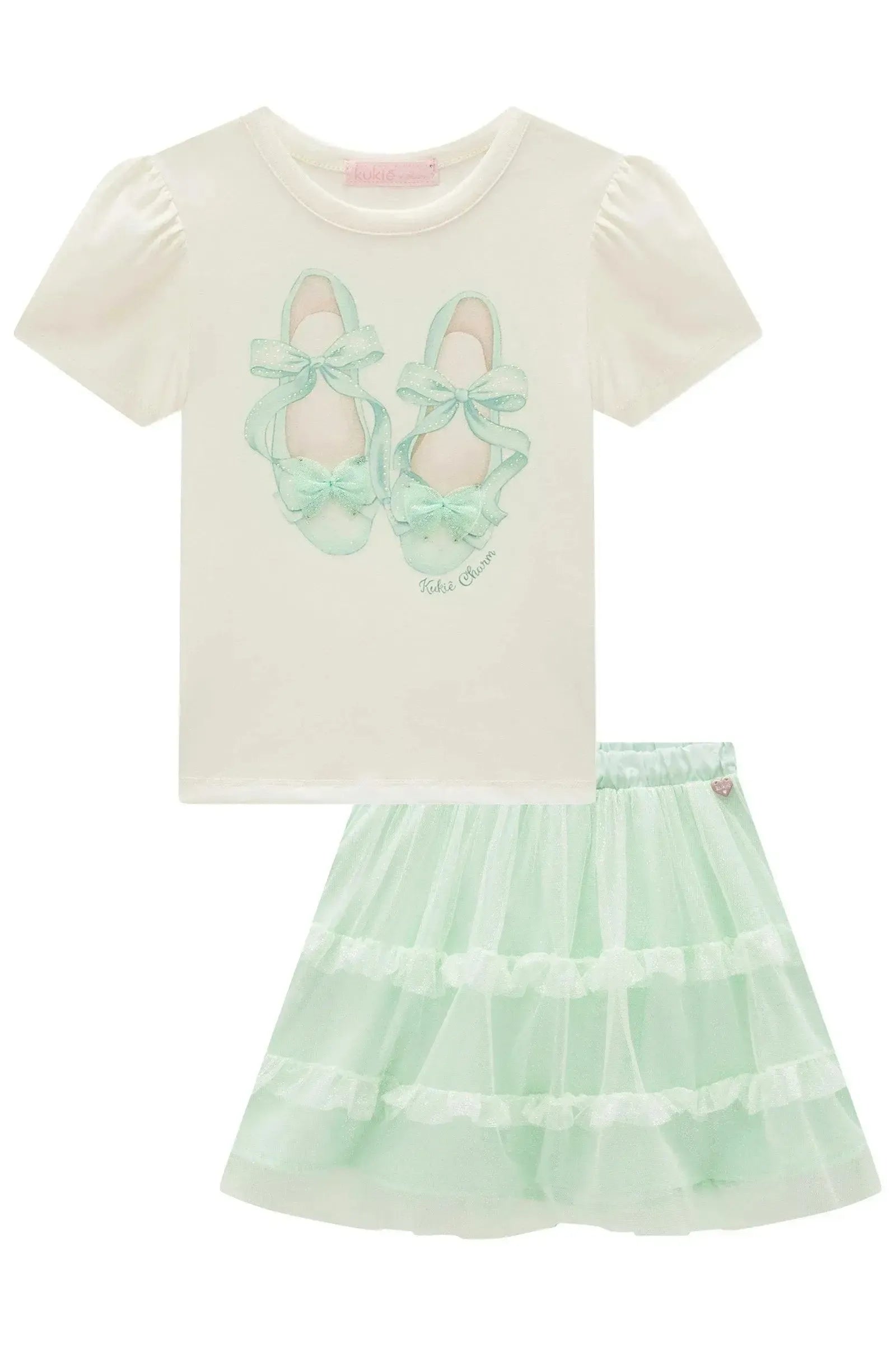 Conjunto de Blusa em Cotton e Saia em Tule Glitter (com Shorts Embutido) 98842 Kukiê Infantil Menina