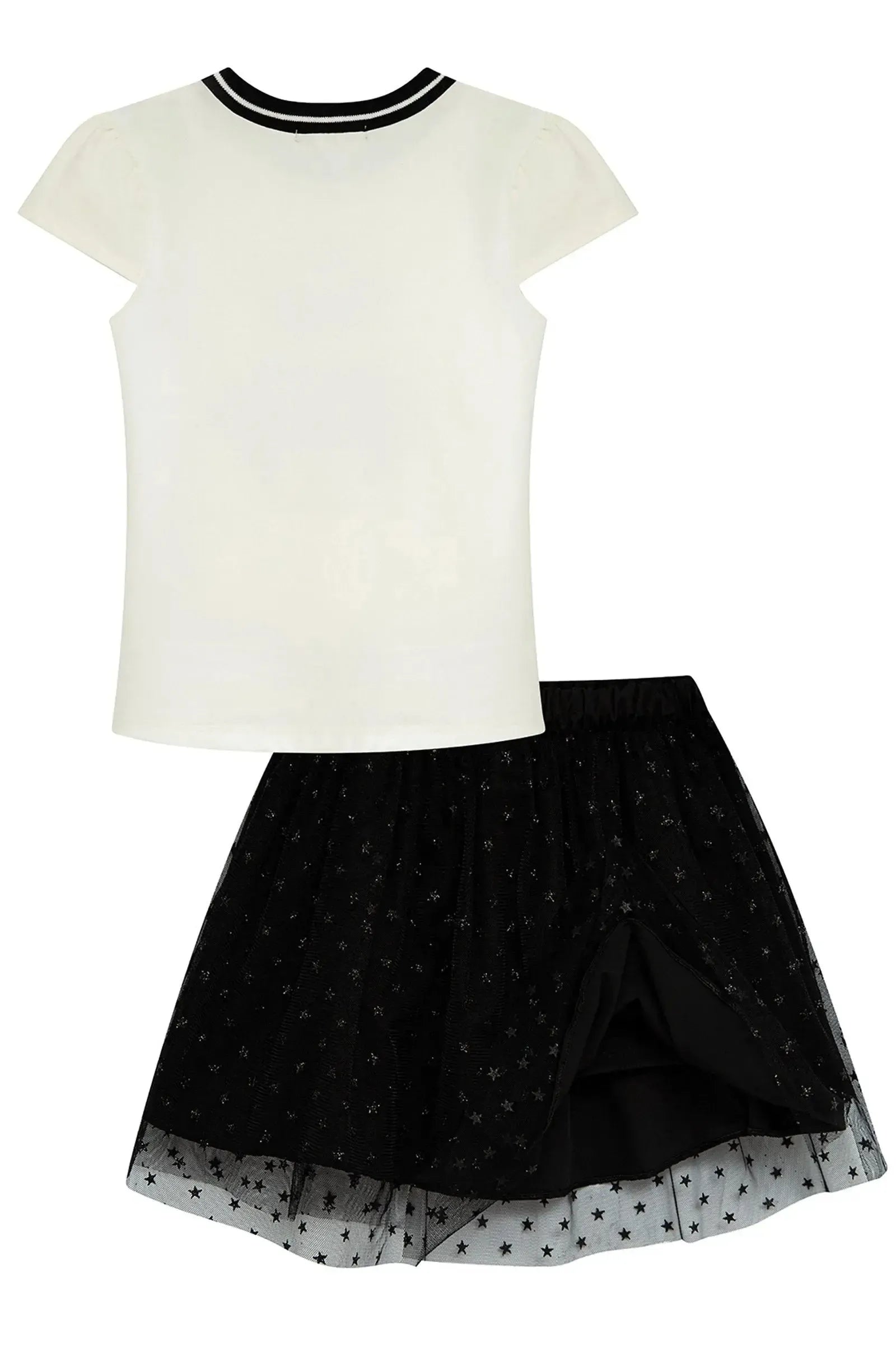 Conjunto de Blusa em Cotton e Saia em Tule Glitter Estrelas (com Shorts Embutido) 96789 Kukiê Infantil Menina