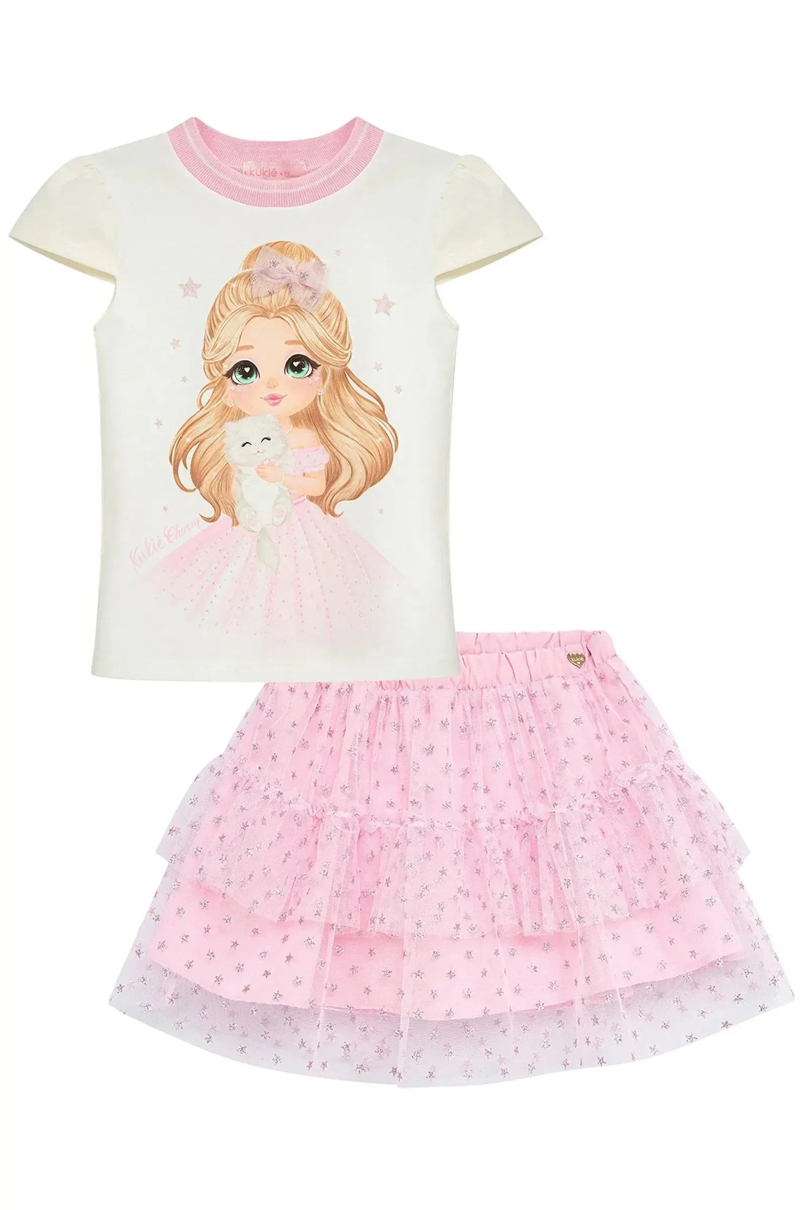 Conjunto de Blusa em Cotton e Saia em Tule Glitter Estrelas (com Shorts Embutido) 96790 Kukiê Infantil Menina