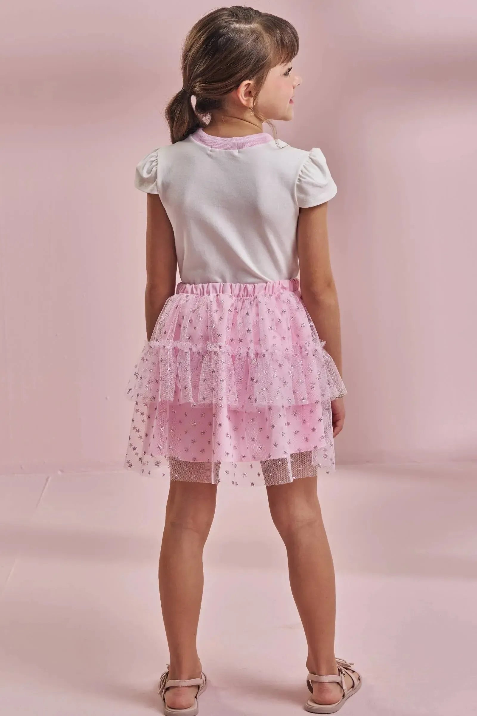 Conjunto de Blusa em Cotton e Saia em Tule Glitter Estrelas (com Shorts Embutido) 96790 Kukiê Infantil Menina