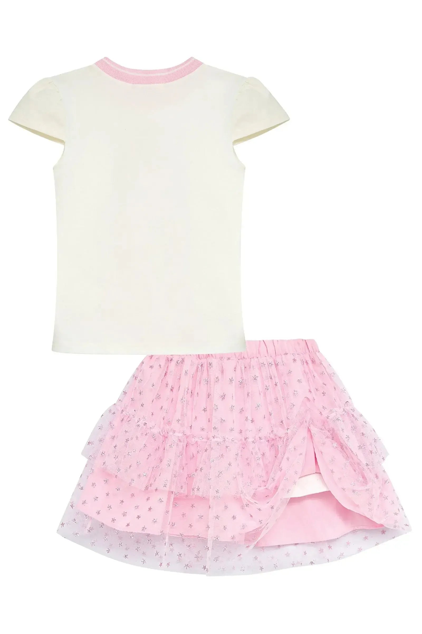 Conjunto de Blusa em Cotton e Saia em Tule Glitter Estrelas (com Shorts Embutido) 96790 Kukiê Infantil Menina