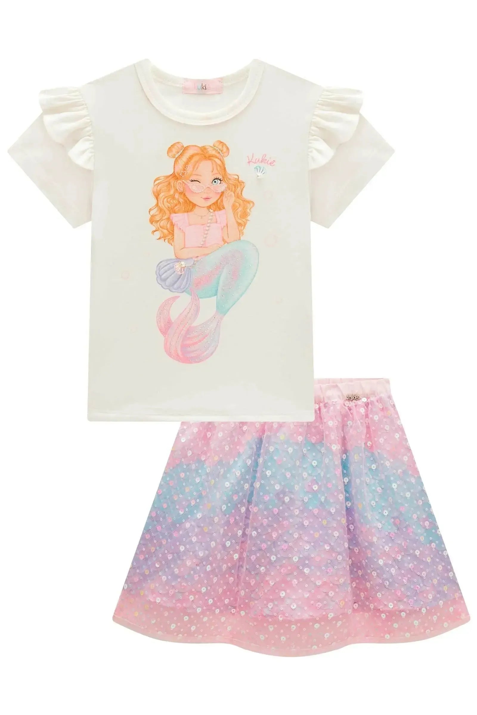 Conjunto de Blusa em Cotton e Saia em Tule Paetê Bordado (com Shorts Embutido) 99437 Kukiê Infantil Menina