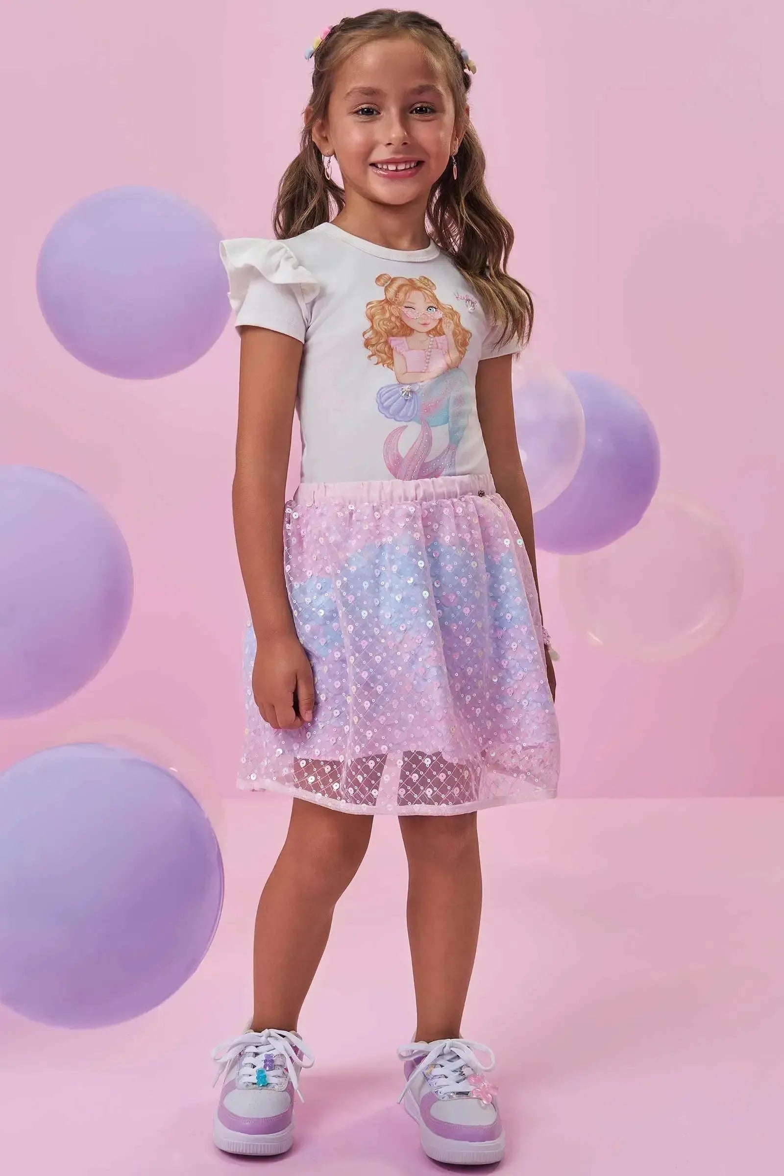 Conjunto de Blusa em Cotton e Saia em Tule Paetê Bordado (com Shorts Embutido) 99437 Kukiê Infantil Menina