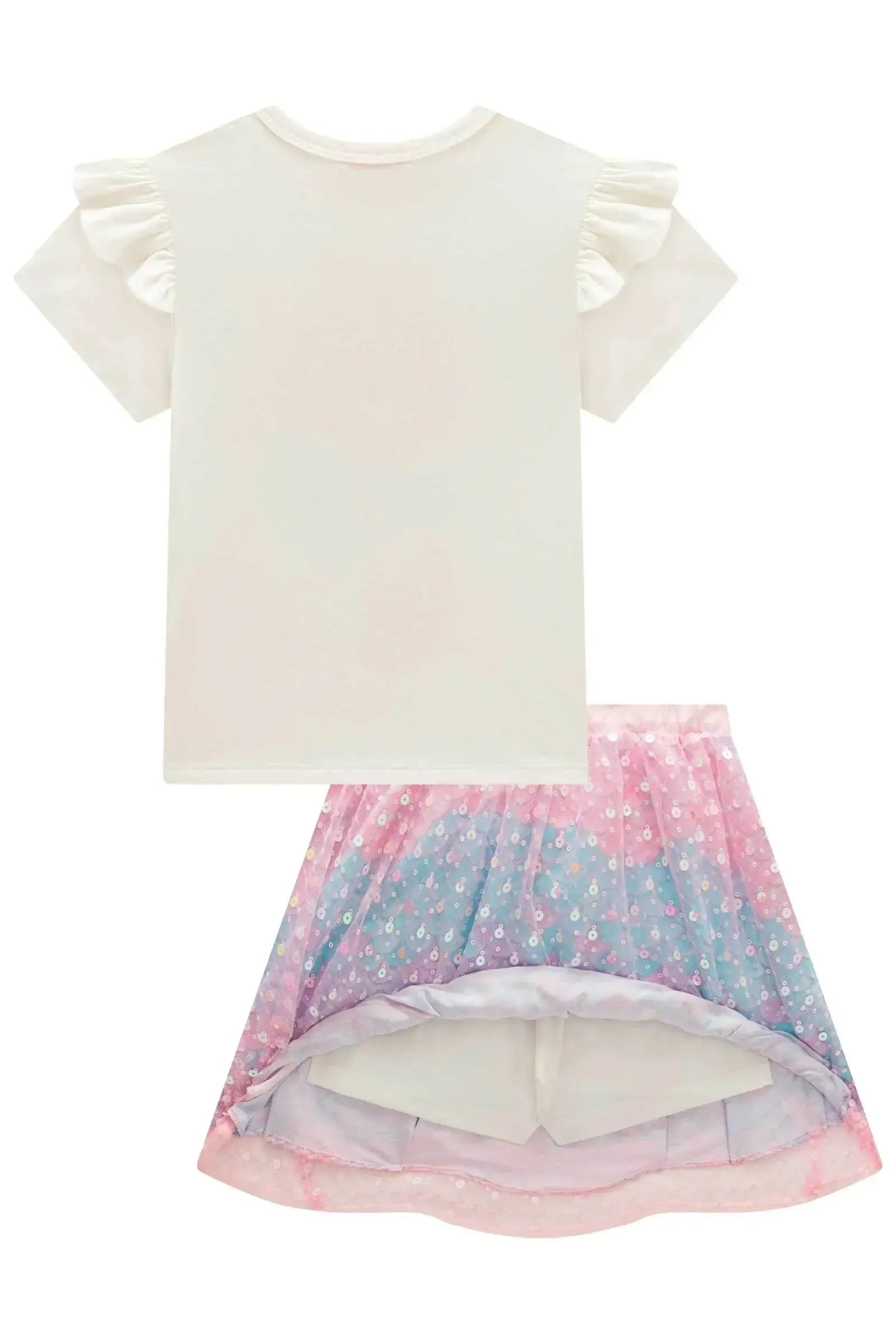 Conjunto de Blusa em Cotton e Saia em Tule Paetê Bordado (com Shorts Embutido) 99437 Kukiê Infantil Menina