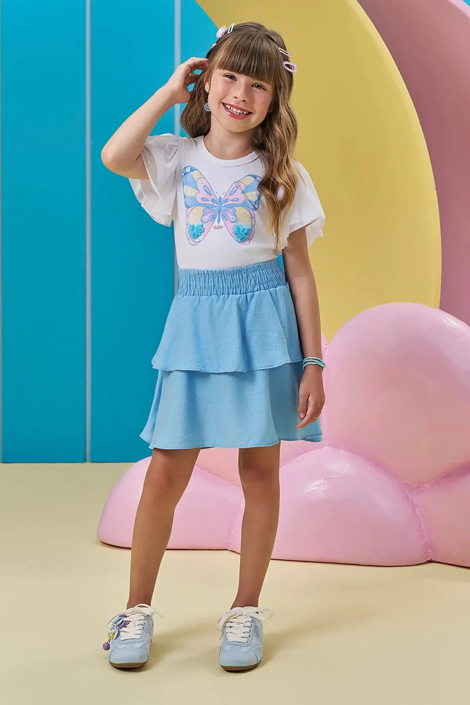 Conjunto de Blusa em Cotton e Saia em Viscose (com Shorts Embutido) 96682 Kukiê Infantil Menina