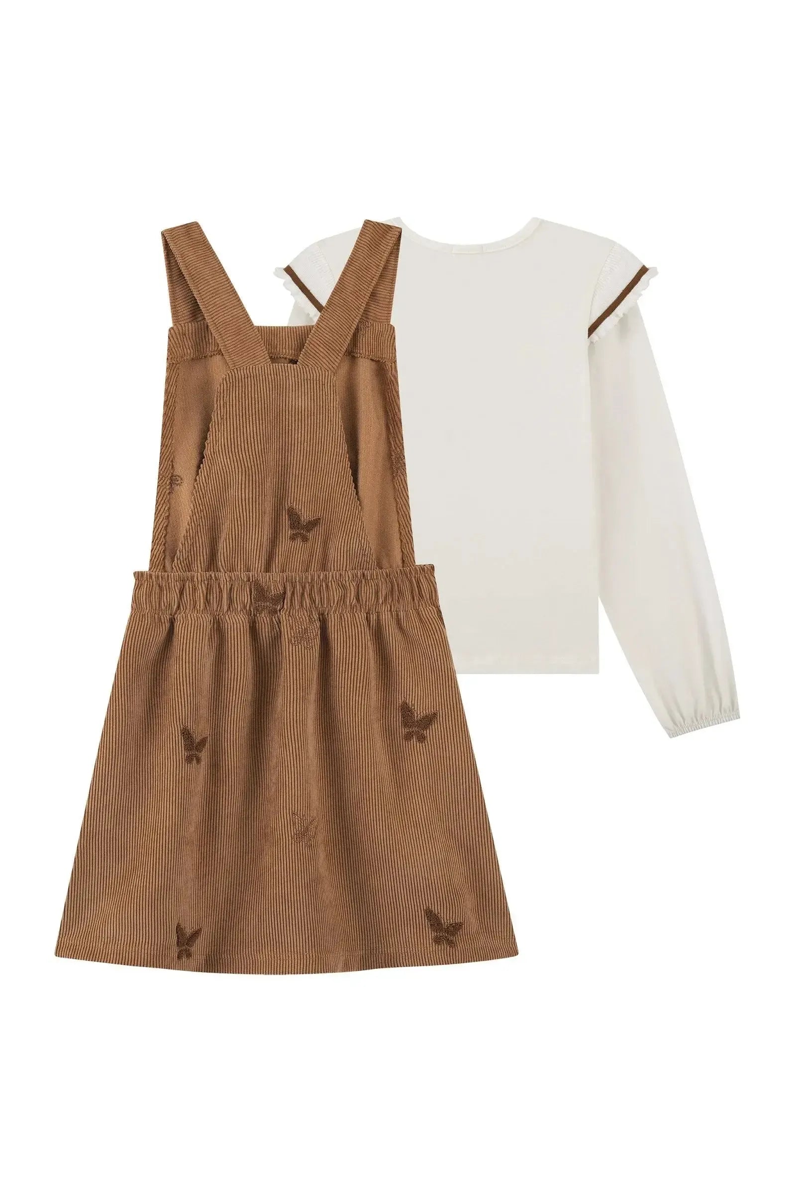 Conjunto de Blusa em Cotton e Salopete em Cotelê Bordado 92511 Kukiê Infantil Menina