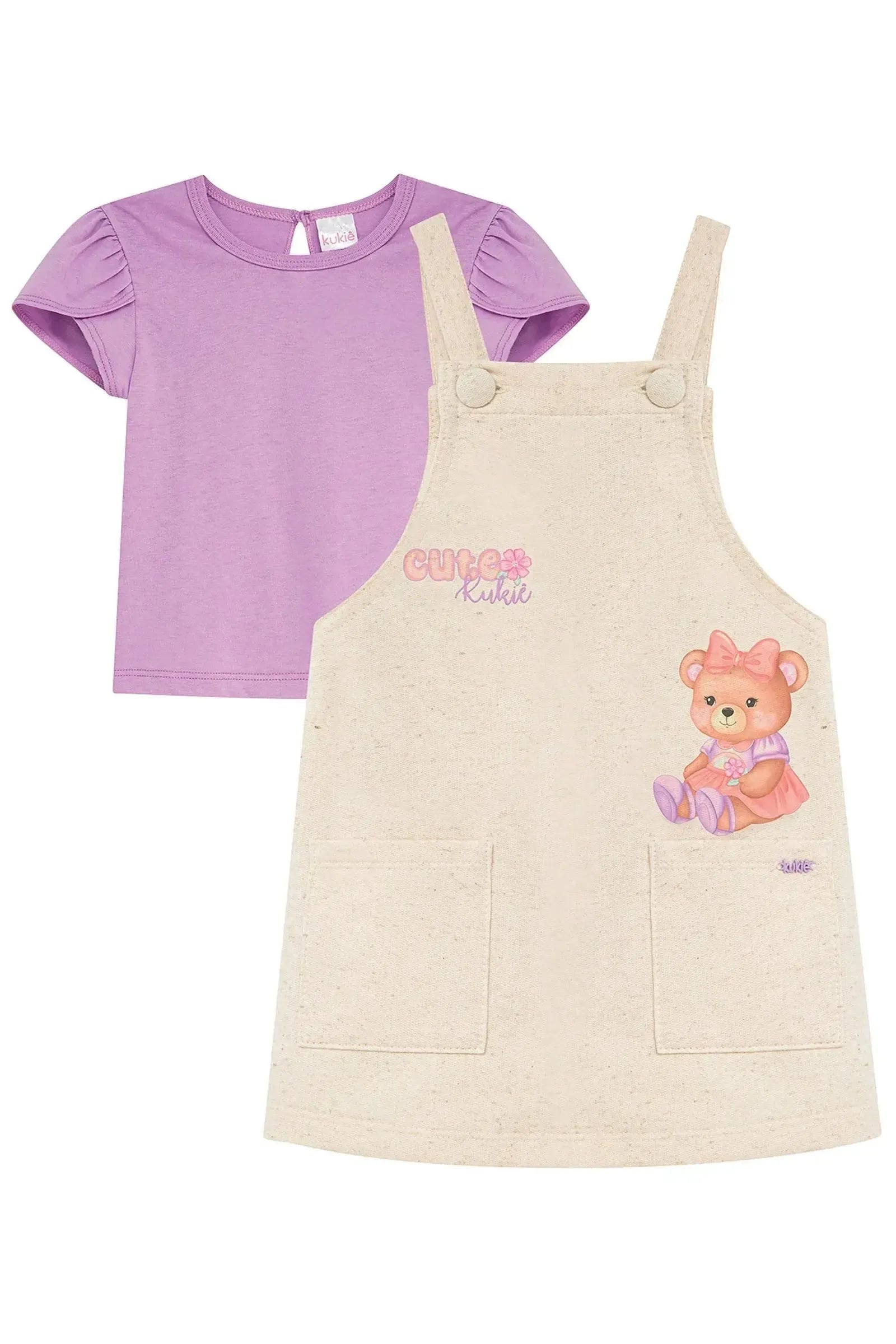 Conjunto de Blusa em Cotton e Salopete em Moletom Linho sem Pelúcia 95246 Kukiê Infantil Menina