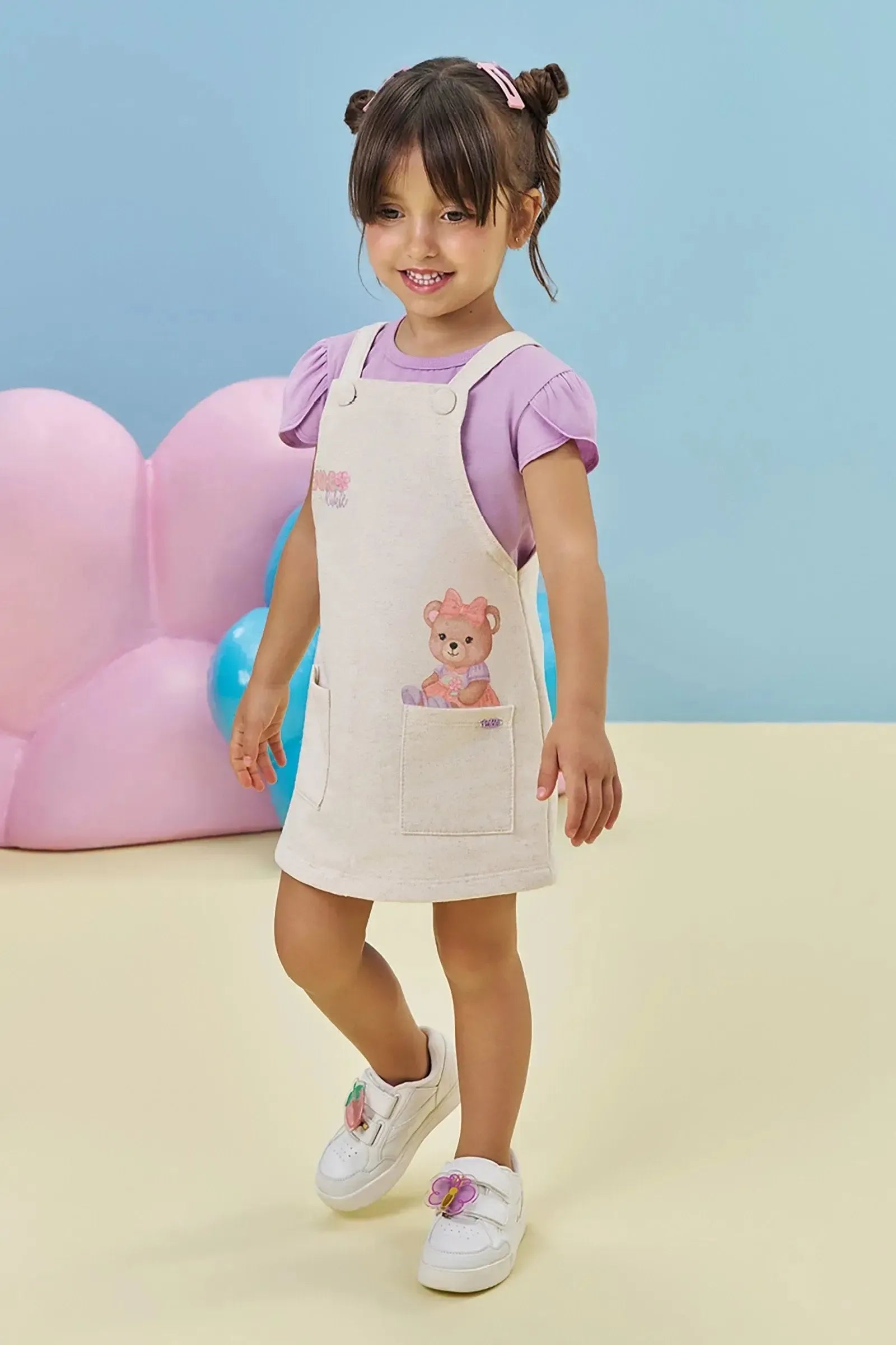 Conjunto de Blusa em Cotton e Salopete em Moletom Linho sem Pelúcia 95246 Kukiê Infantil Menina