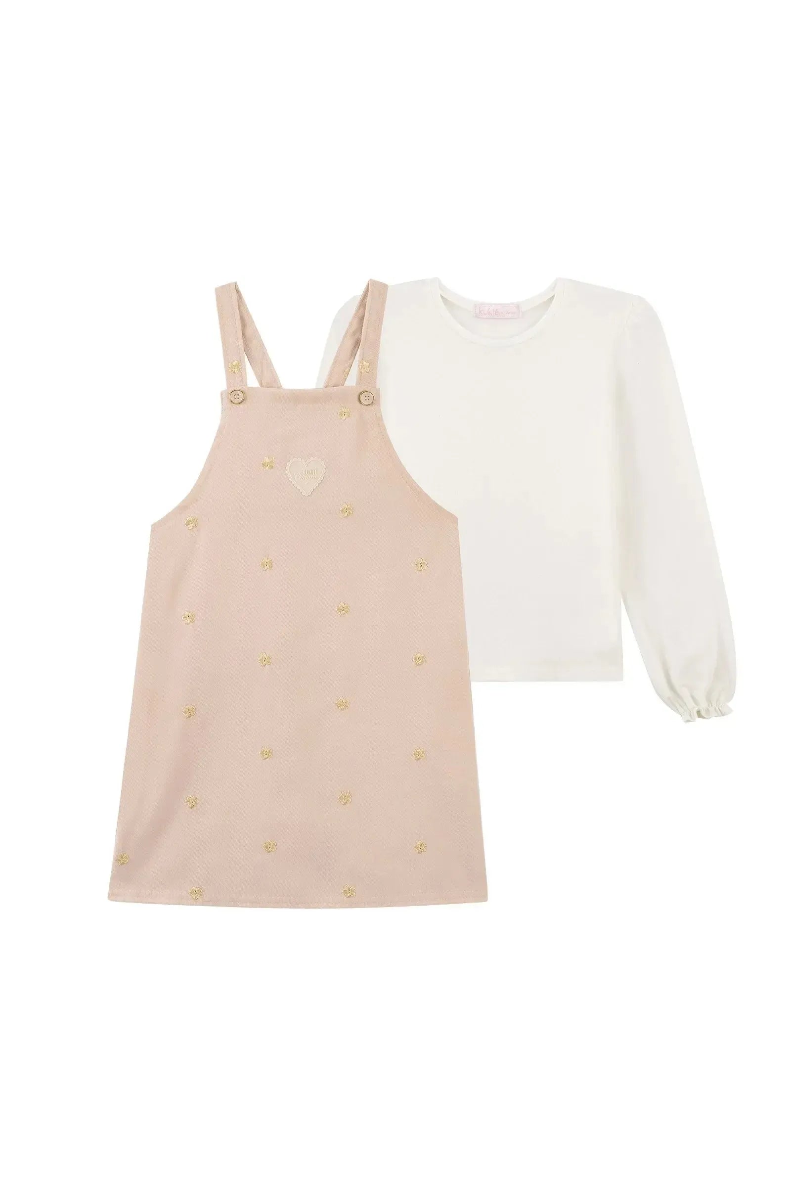 Conjunto de Blusa em Cotton e Salopete em Tecido Twill Bordado 92443 Kukiê Infantil Menina