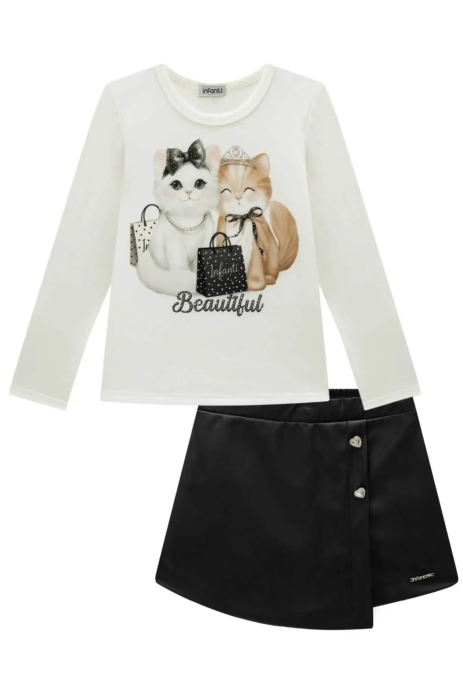 Conjunto de Blusa em Cotton e Short Saia em Couro Sintético 93612 Infanti Infantil Menina