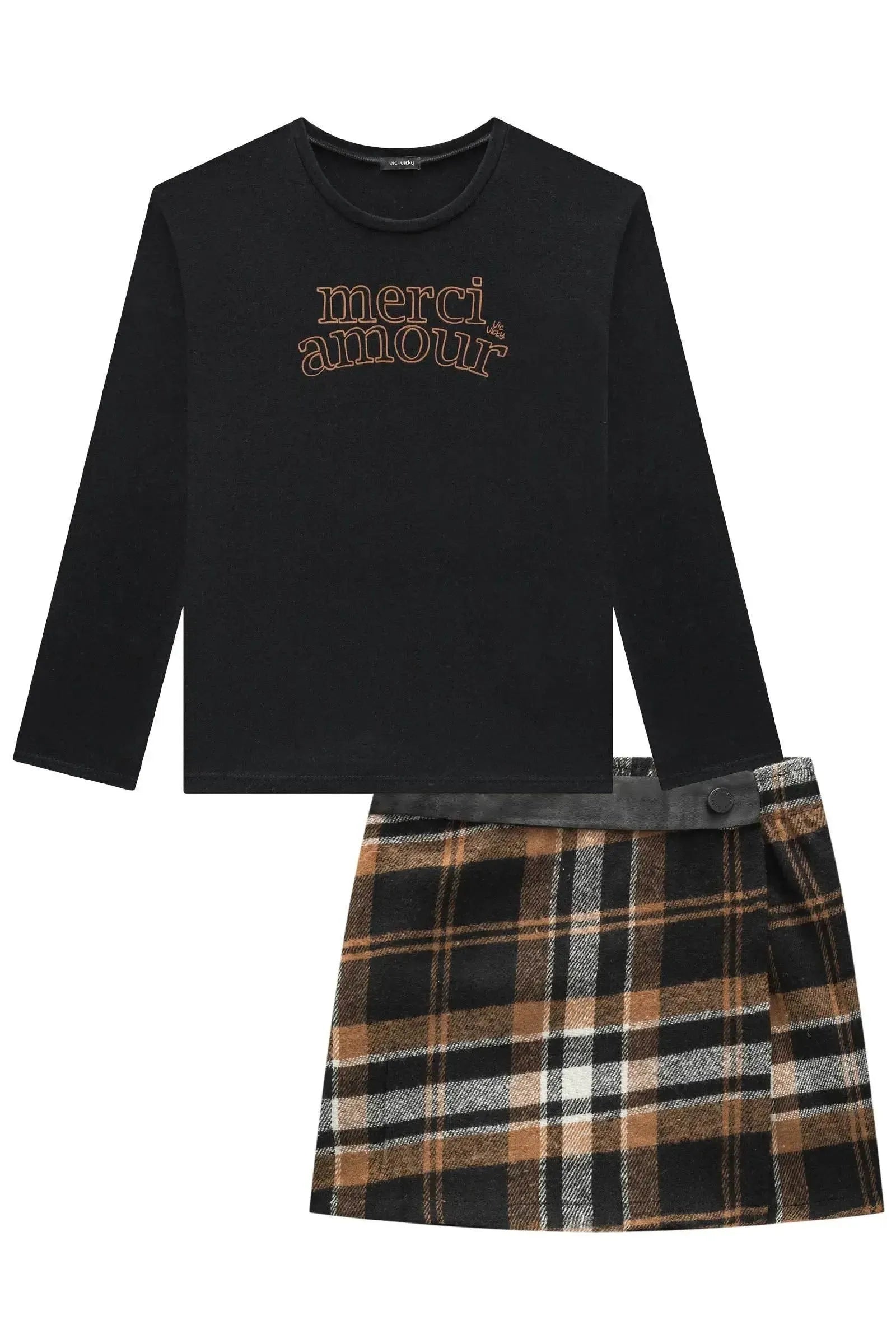 Conjunto de Blusa em Cotton e Short Saia em Flanela Folk Xadrez 94308 Vic&Vicky Teen Menina