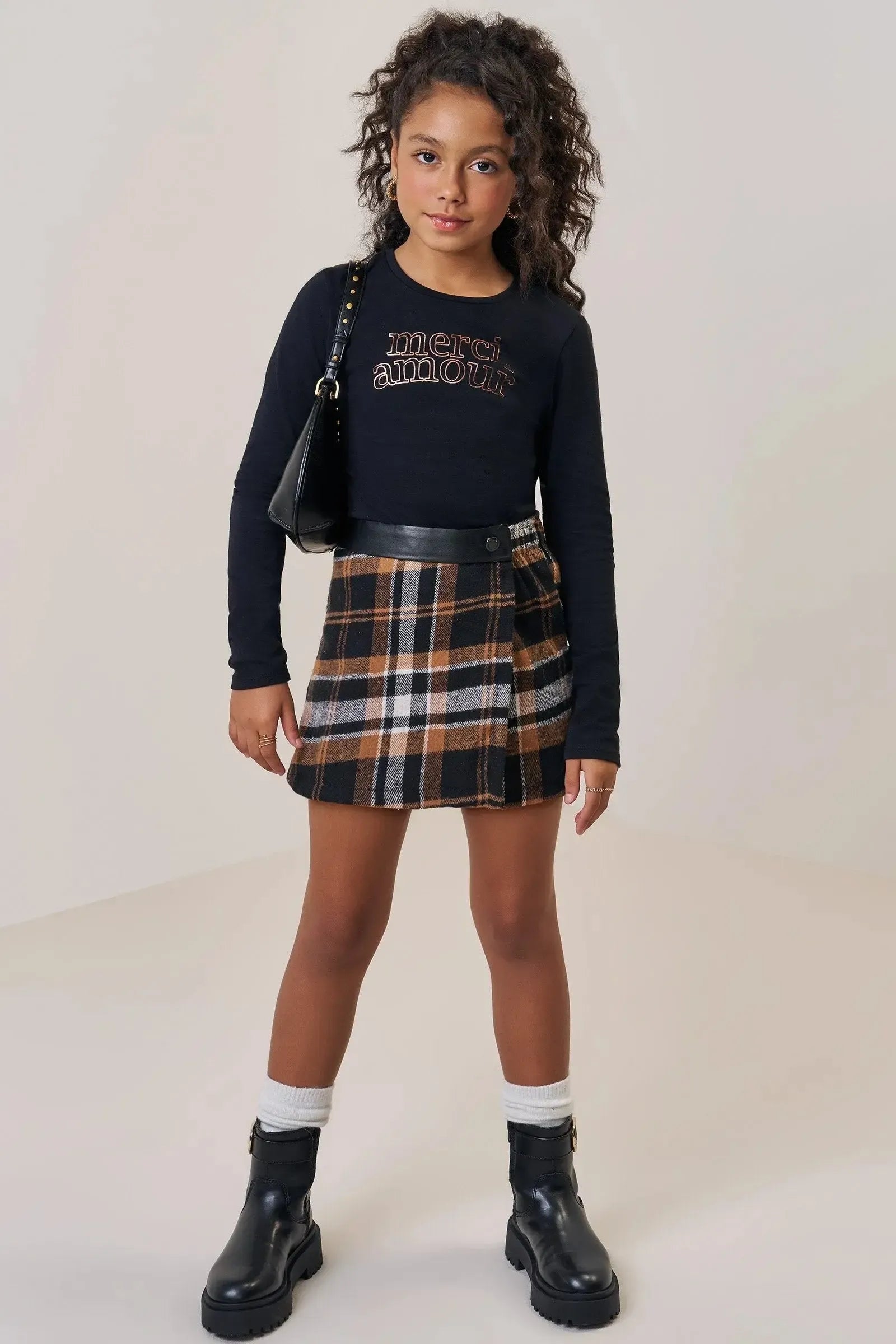 Conjunto de Blusa em Cotton e Short Saia em Flanela Folk Xadrez 94308 Vic&Vicky Teen Menina