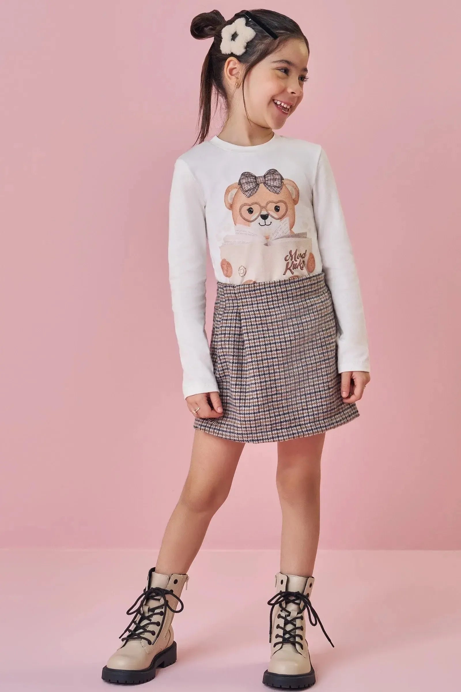 Conjunto de Blusa em Cotton e Short Saia em Flanela Zurique 92485 Kukiê Infantil Menina