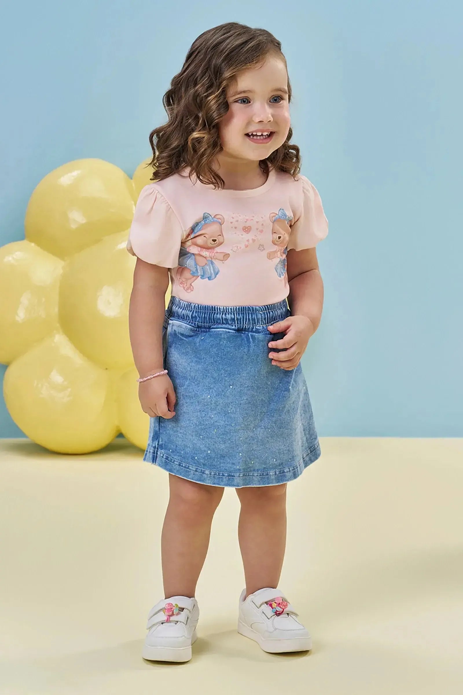 Conjunto de Blusa em Cotton e Short Saia em Jeans com Elastano 95252 Kukiê Infantil Menina