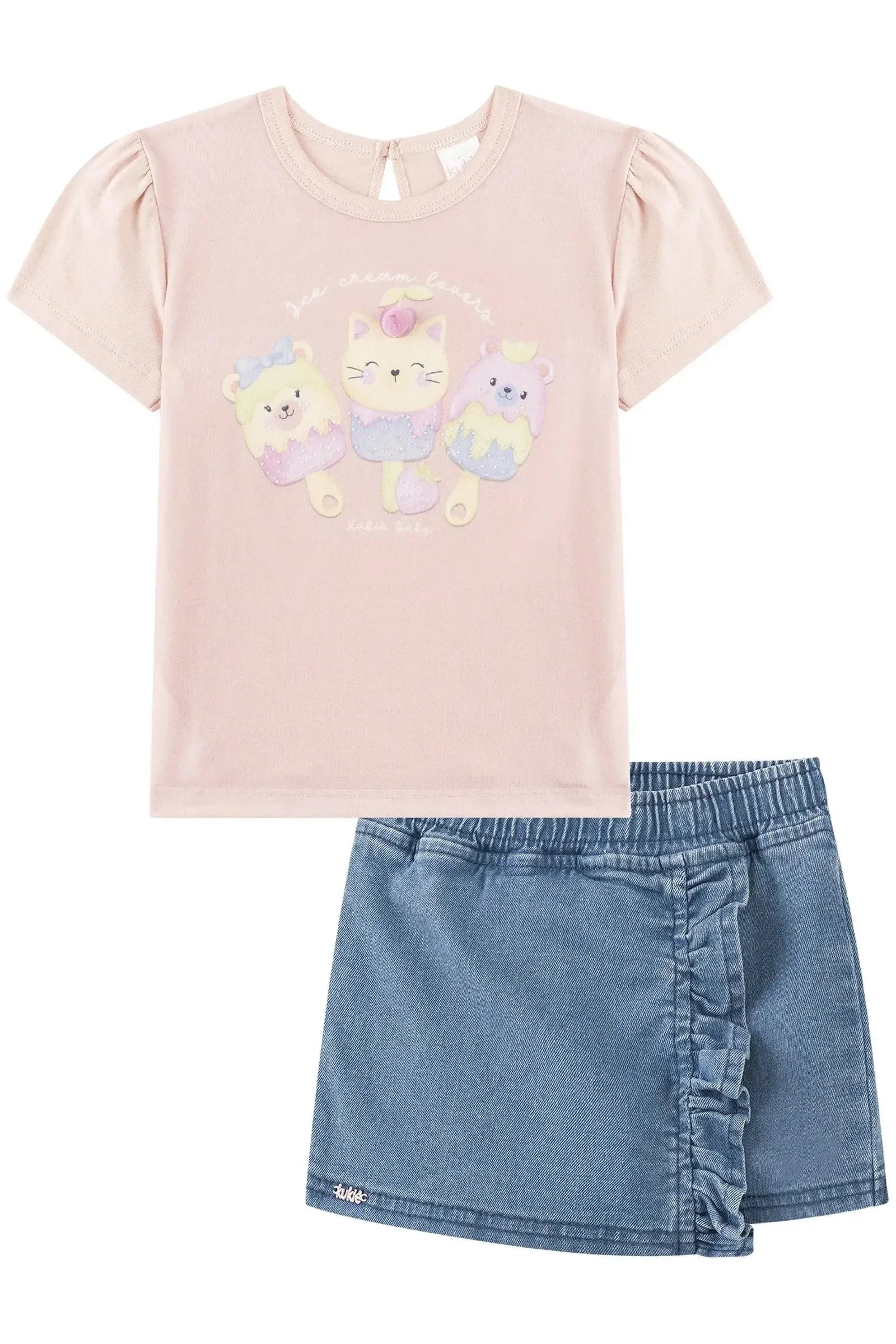Conjunto de Blusa em Cotton e Short Saia em Jeans Guga com Elastano 92956 Kukiê Infantil Menina