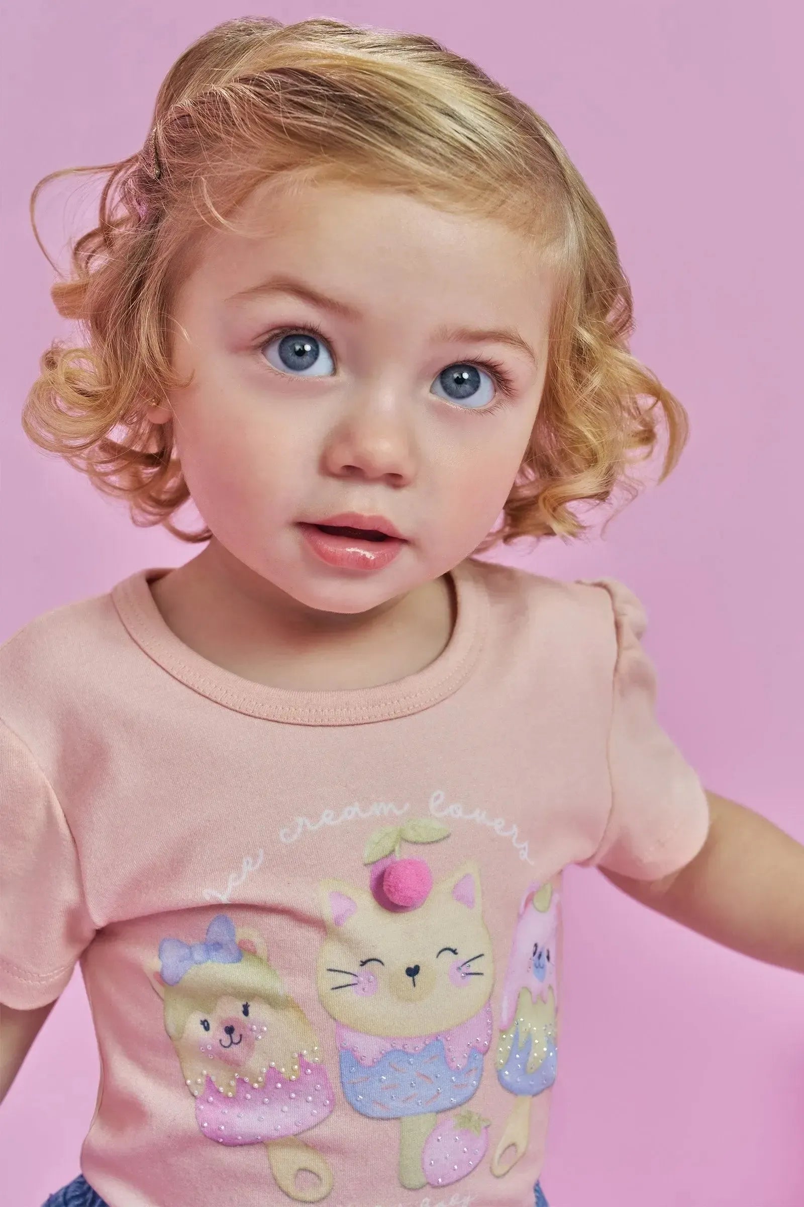 Conjunto de Blusa em Cotton e Short Saia em Jeans Guga com Elastano 92956 Kukiê Infantil Menina