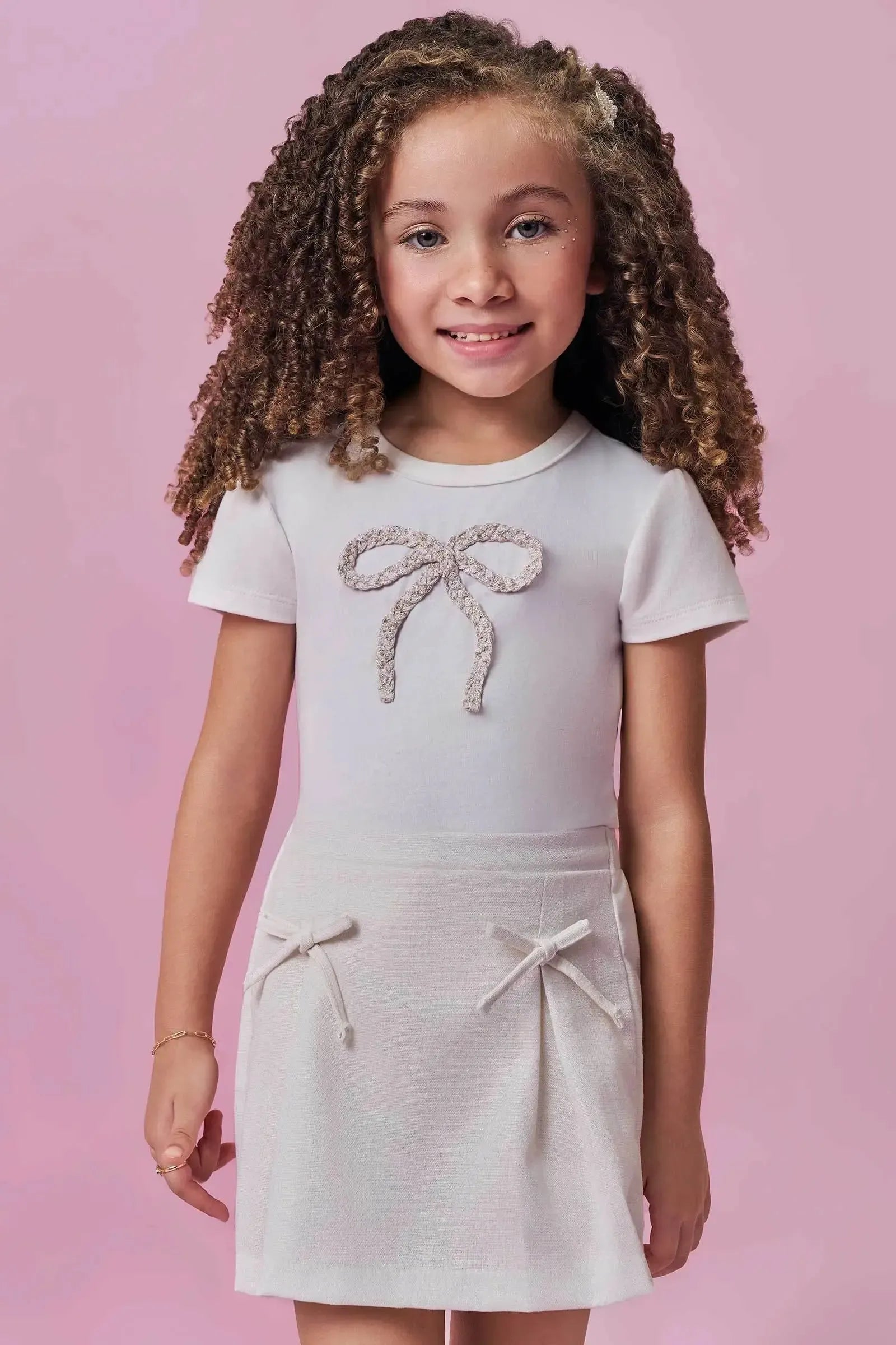 Conjunto de Blusa em Cotton e Short Saia em Linho Gold 98691 Kukiê Infantil Menina