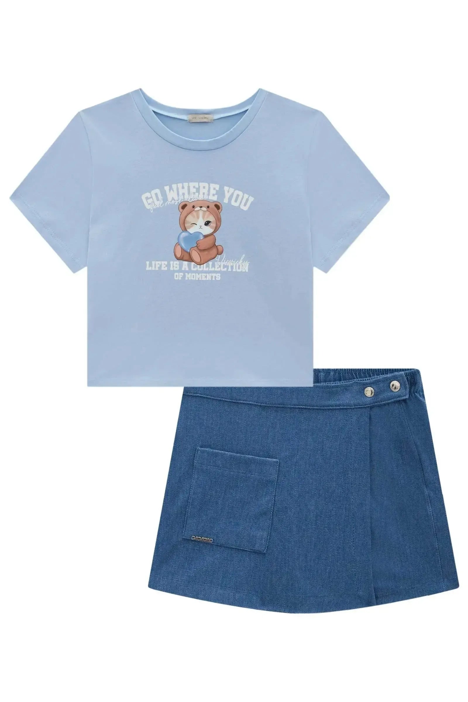 Conjunto de Blusa em Cotton e Short Saia em Malha Denim 96864 Vic&Vicky Teen Menina