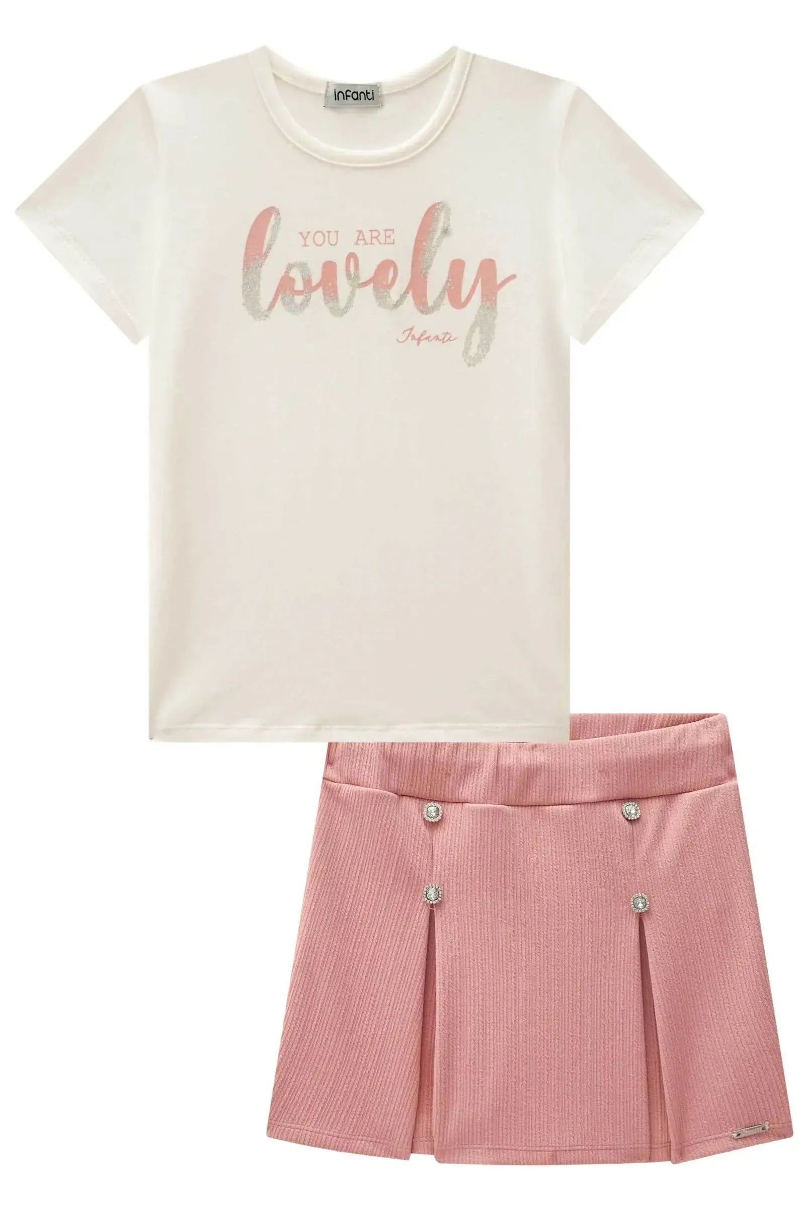 Conjunto de Blusa em Cotton e Short Saia em Malha Jacquard 85294 Infanti Infantil Menina