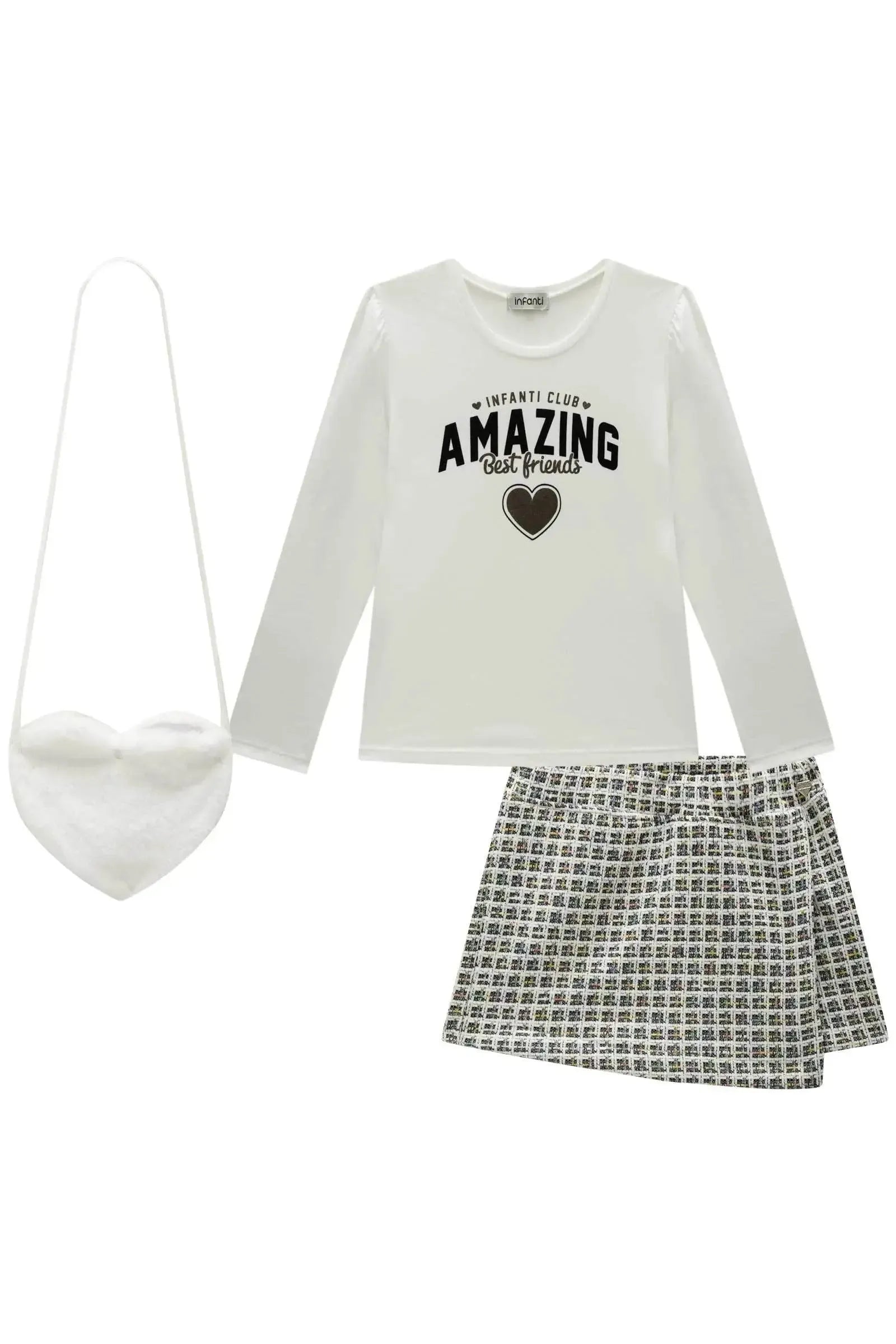 Conjunto de Blusa em Cotton e Short Saia em Malha Jacquard Kim. Acompanha Bolsa em Pelo 92677 Infanti Infantil Menina