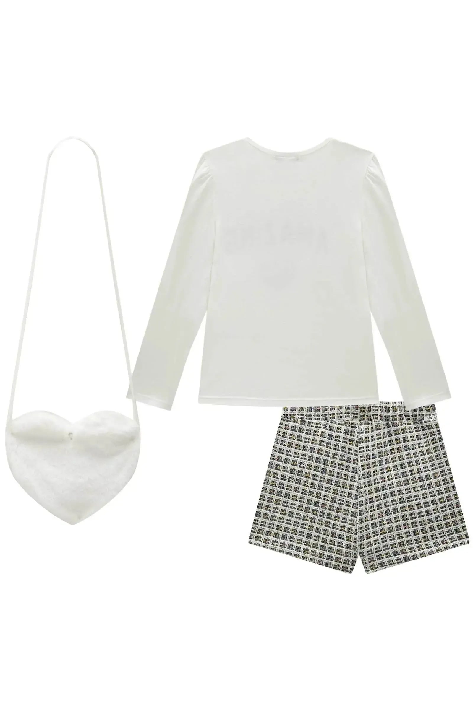 Conjunto de Blusa em Cotton e Short Saia em Malha Jacquard Kim. Acompanha Bolsa em Pelo 92677 Infanti Infantil Menina