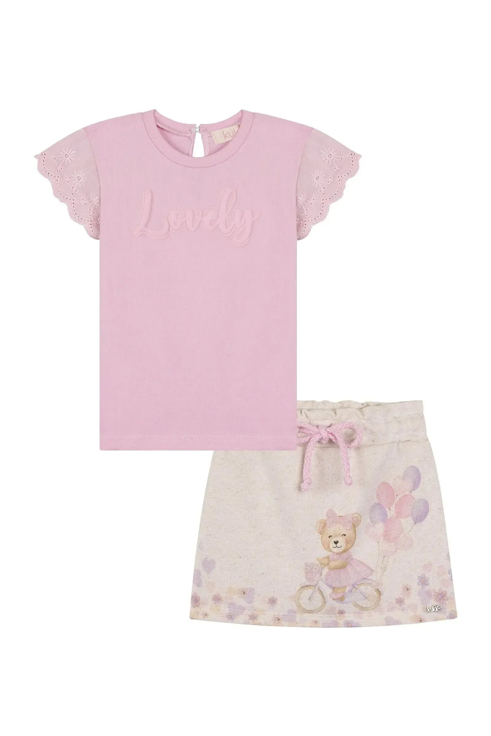 Conjunto de Blusa em Cotton e Short Saia em Moletom sem Pelúcia 87870 Kukiê Bebê Menina