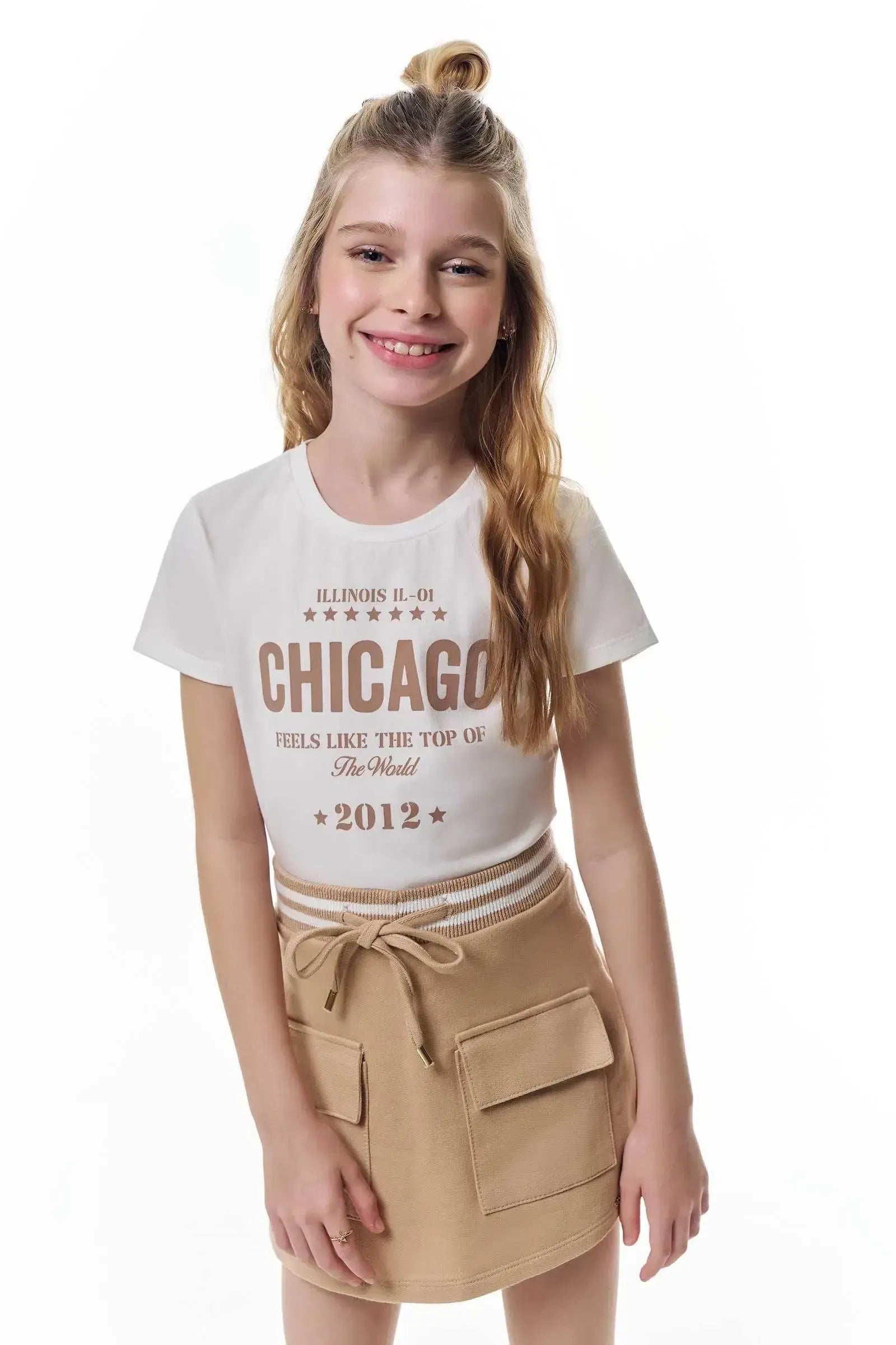 Conjunto de Blusa em Cotton e Short Saia em Moletom sem Pelucia 95956 Vic&Vicky Teen Menina