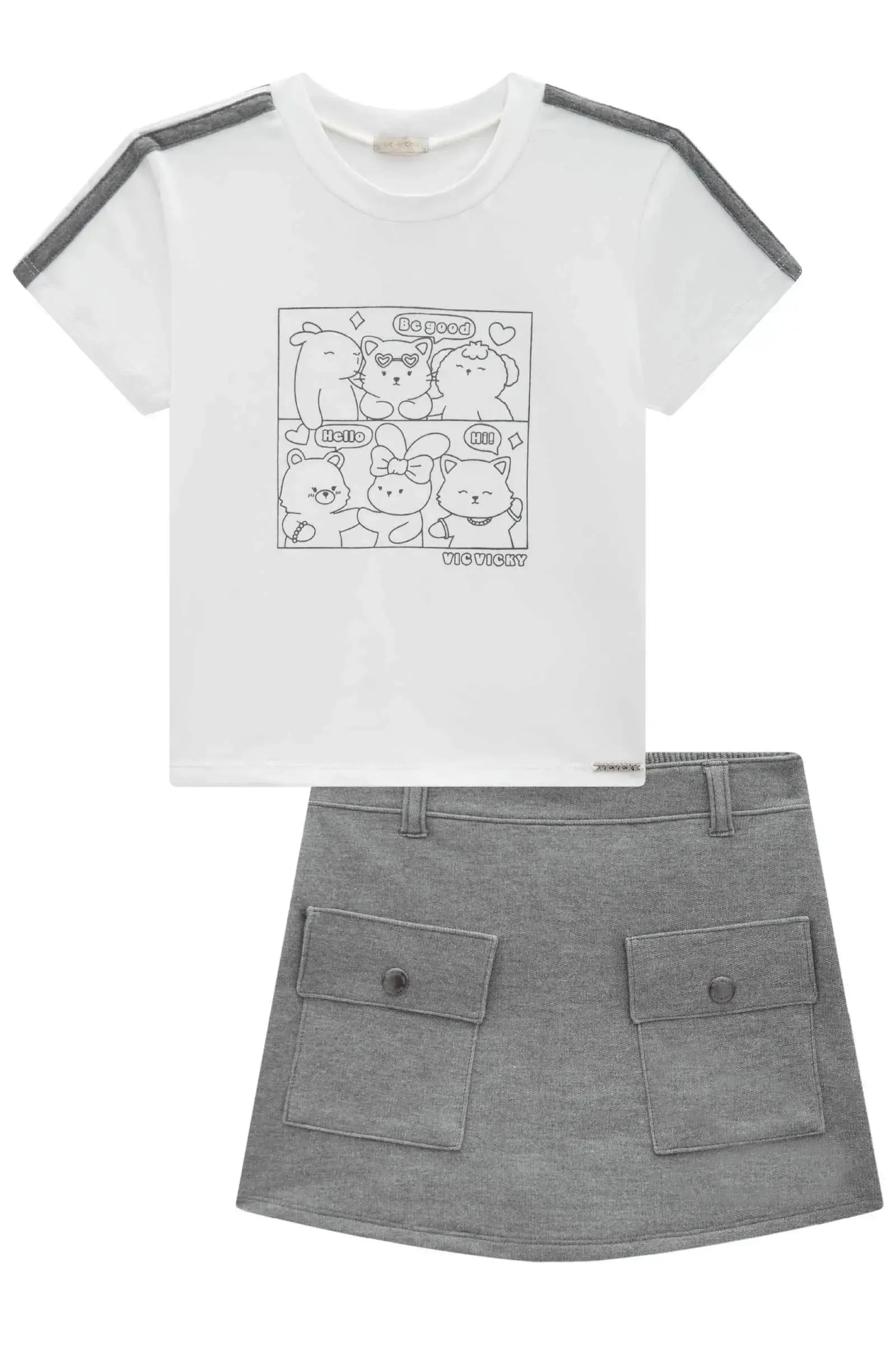 Conjunto de Blusa em Cotton e Short Saia em Moletom sem Pelúcia 96876 Vic&Vicky Teen Menina