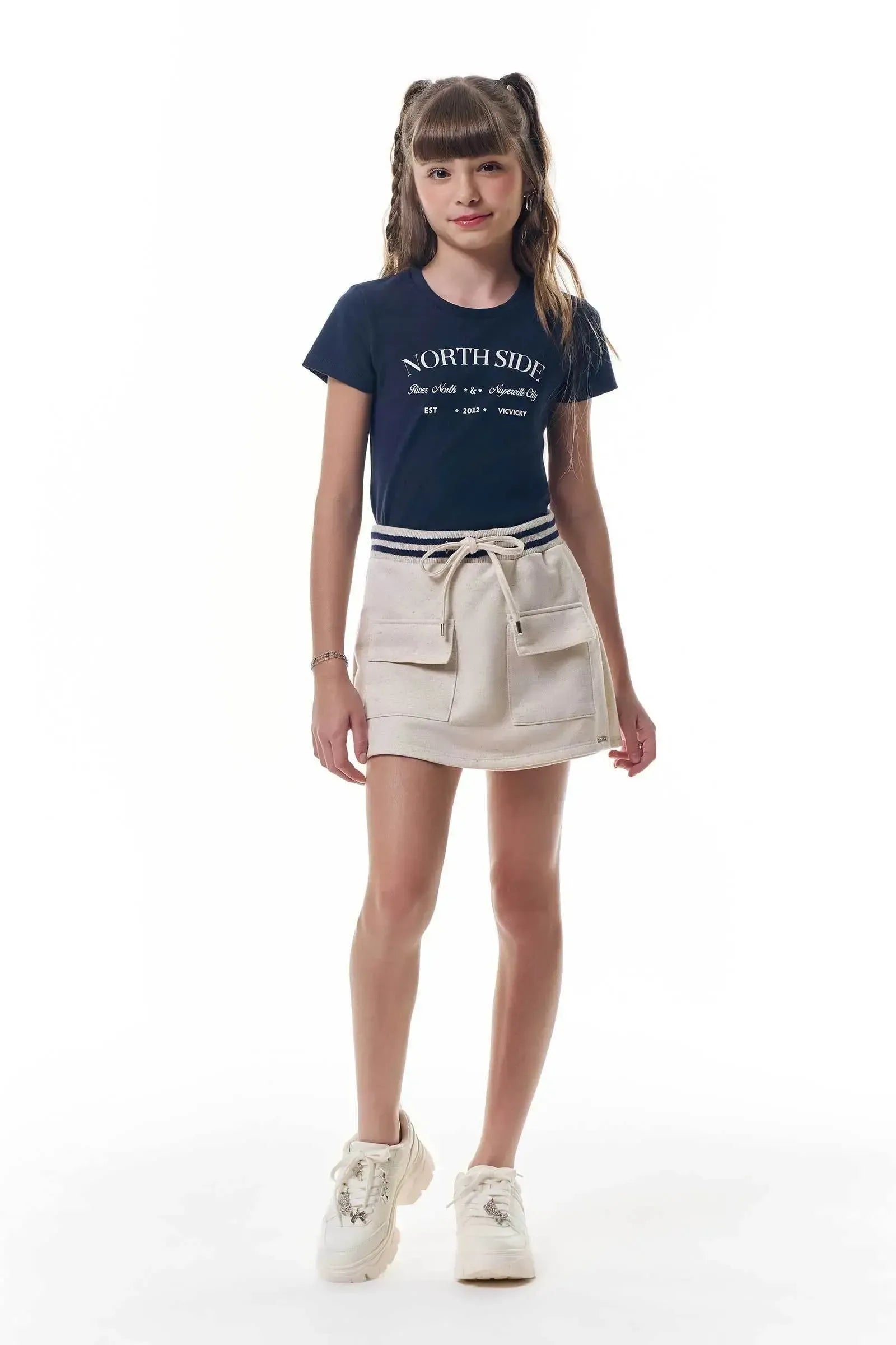 Conjunto de Blusa em Cotton e Short Saia em Moletom sem Pelúcia 97465 Vic&Vicky Teen Menina