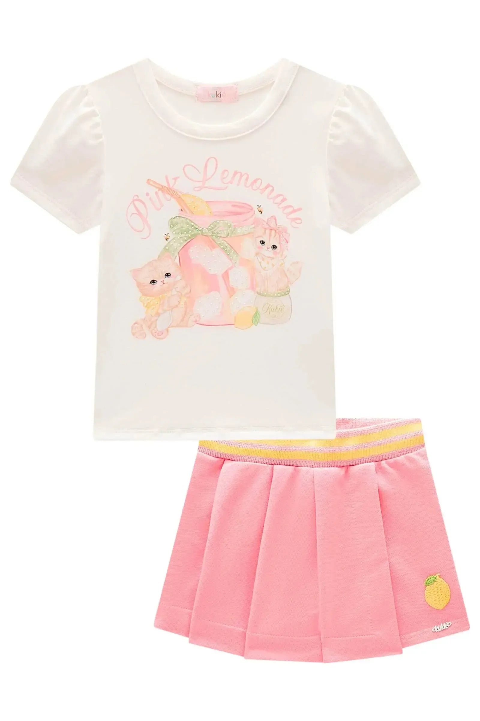 Conjunto de Blusa em Cotton e Short Saia em Moletom sem Pelúcia 98431 Kukiê Infantil Menina