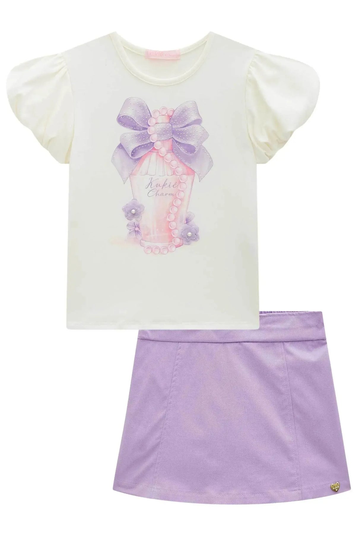 Conjunto de Blusa em Cotton e Short Saia em Sarja Cargo Tecno 99671 Kukiê Infantil Menina