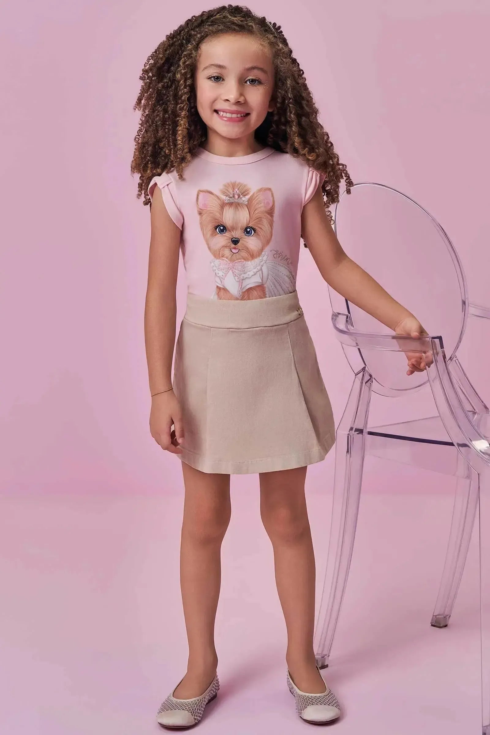 Conjunto de Blusa em Cotton e Short Saia em Sarja com Elastano 99210 Kukiê Infantil Menina