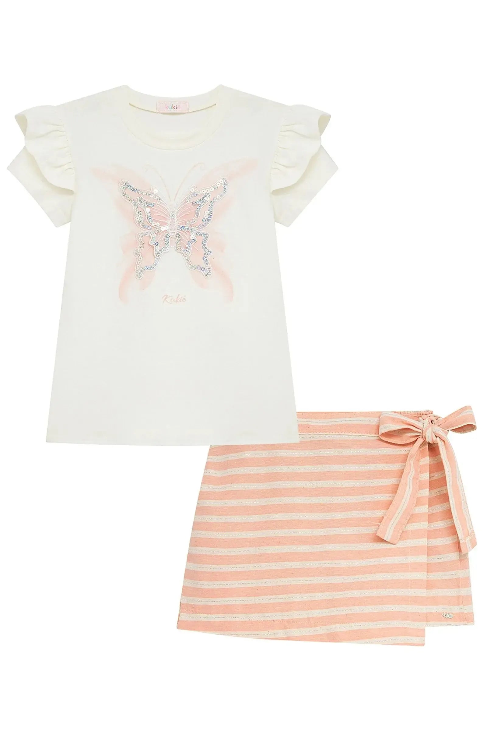 Conjunto de Blusa em Cotton e Short Saia em Tecido Listrado Shine 93655 Kukiê Infantil Menina