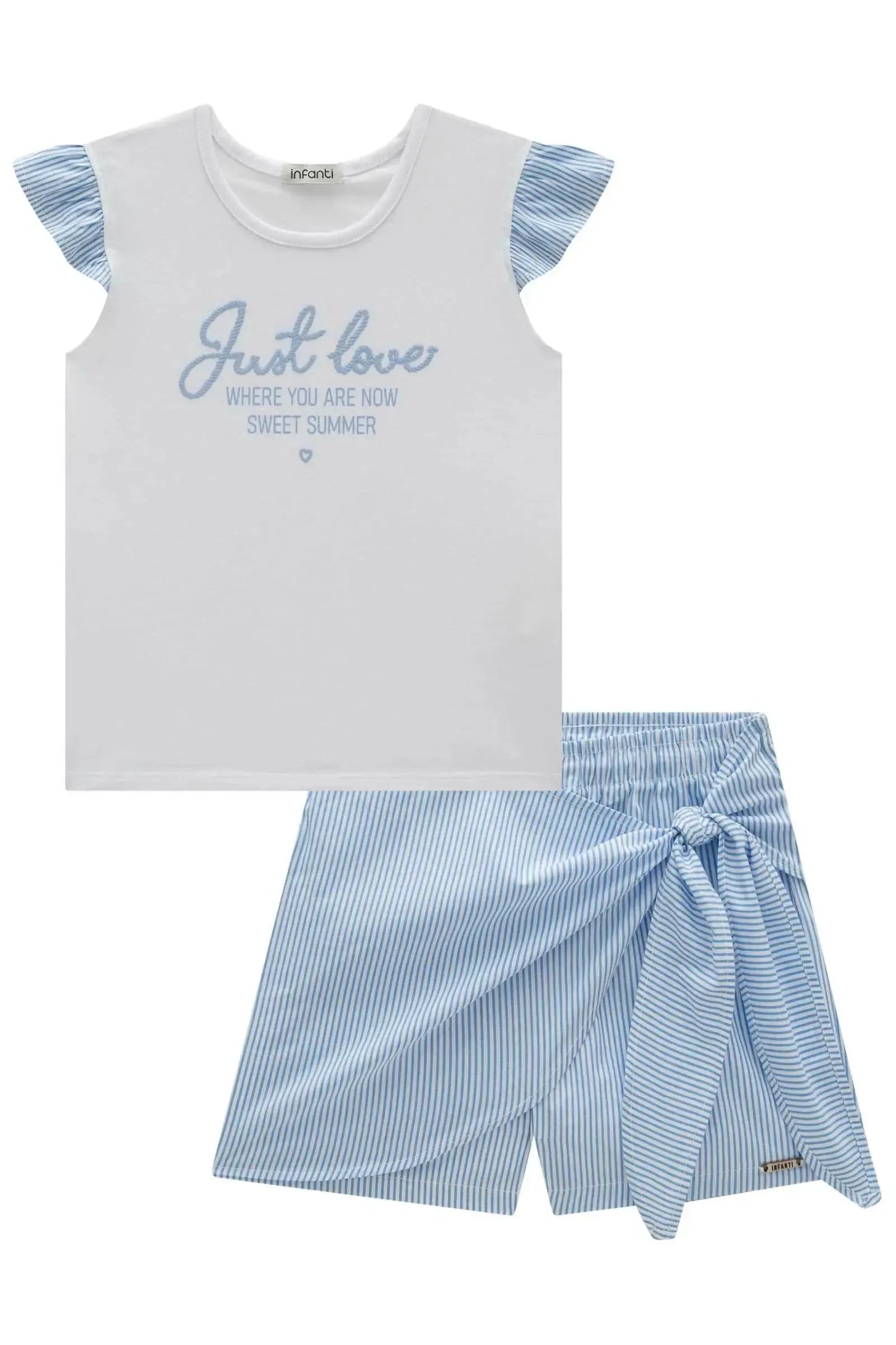 Conjunto de Blusa em Cotton e Short Saia em Tricoline Listrado 84589 Infanti Infantil Menina