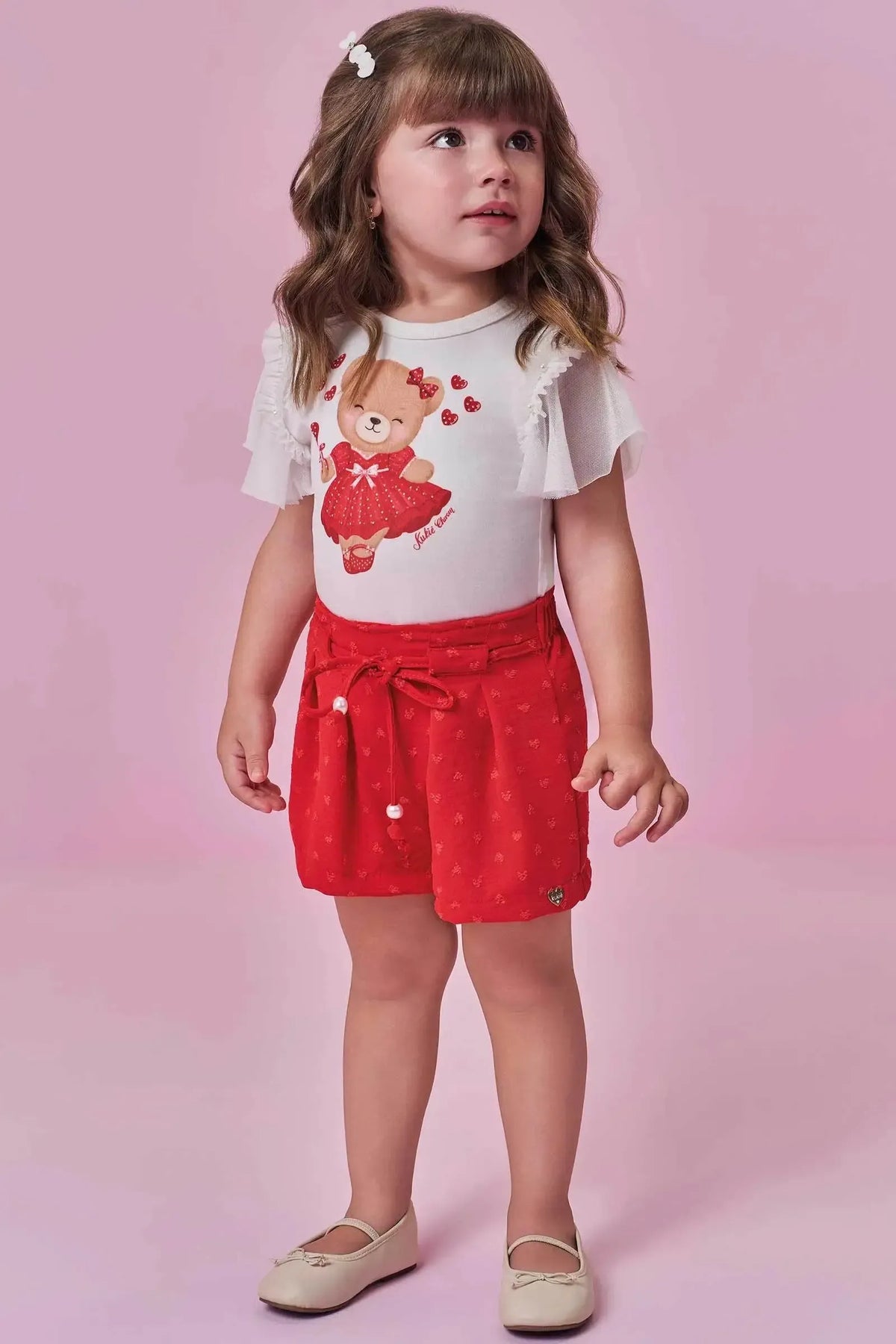 Conjunto de Blusa em Cotton e Shorts em Crepe Textura 98672 Kukiê Infantil Menina